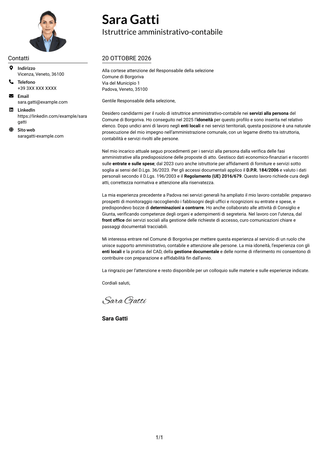 Esempio di lettera di presentazione — pagina 1