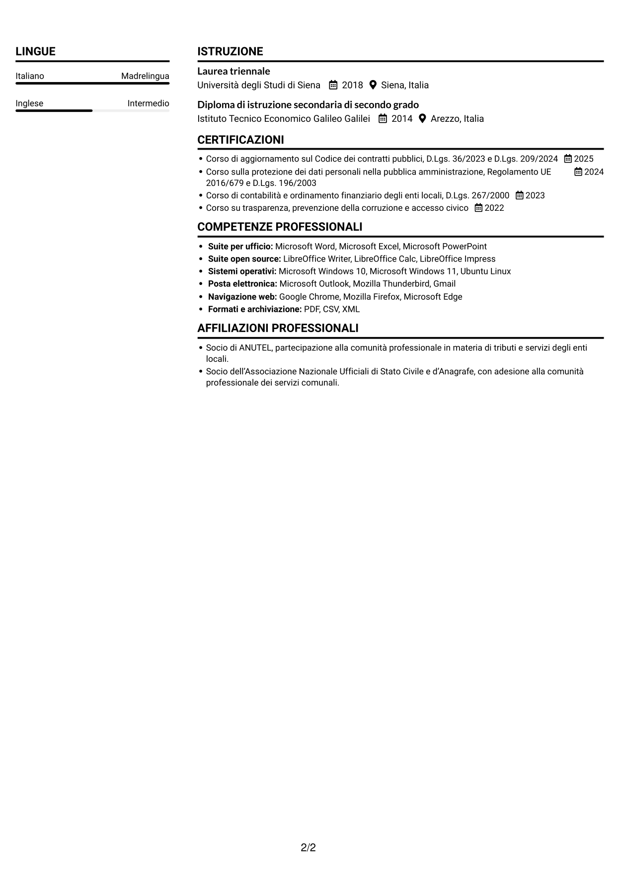 CV Compatto (formato sobrio a due colonne con foto): Istruttore amministrativo - Procedimenti e servizi degli enti locali, pagina 2