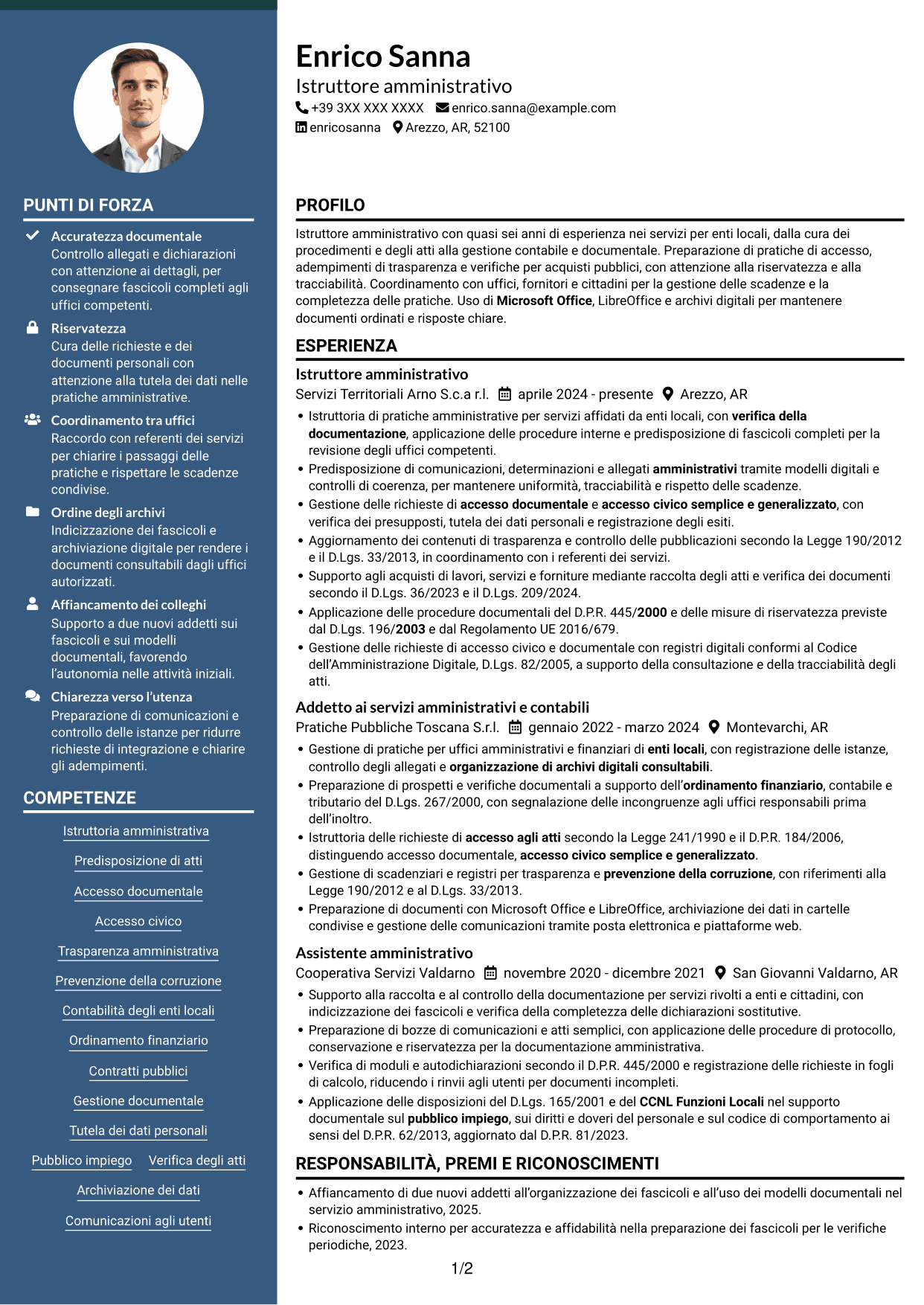 CV Elegante (formato con colonna laterale colorata e foto): Istruttore amministrativo - Procedimenti e servizi degli enti locali, pagina 1
