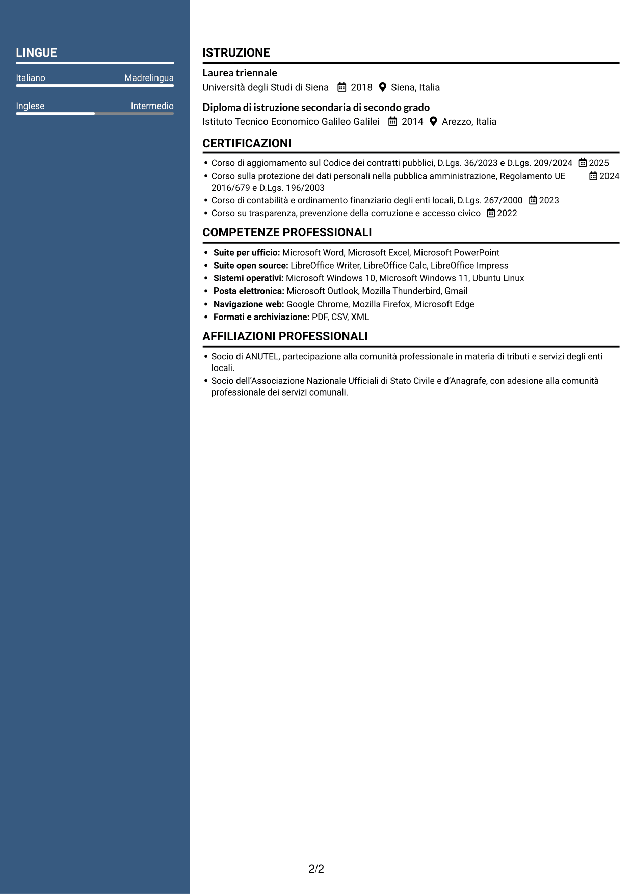 CV Elegante (formato con colonna laterale colorata e foto): Istruttore amministrativo - Procedimenti e servizi degli enti locali, pagina 2
