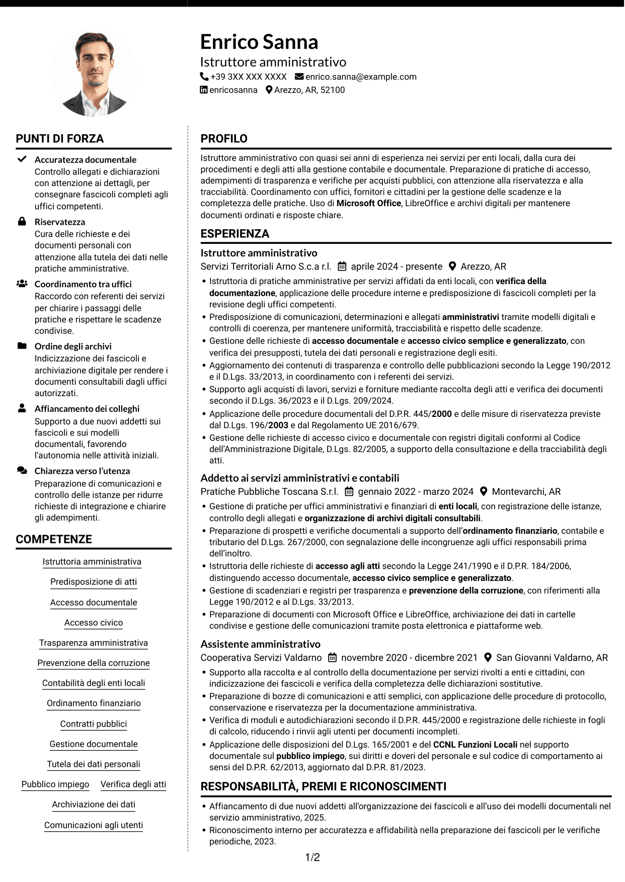 CV Moderno (formato a due colonne con foto a sinistra e separatore): Istruttore amministrativo - Procedimenti e servizi degli enti locali, pagina 1