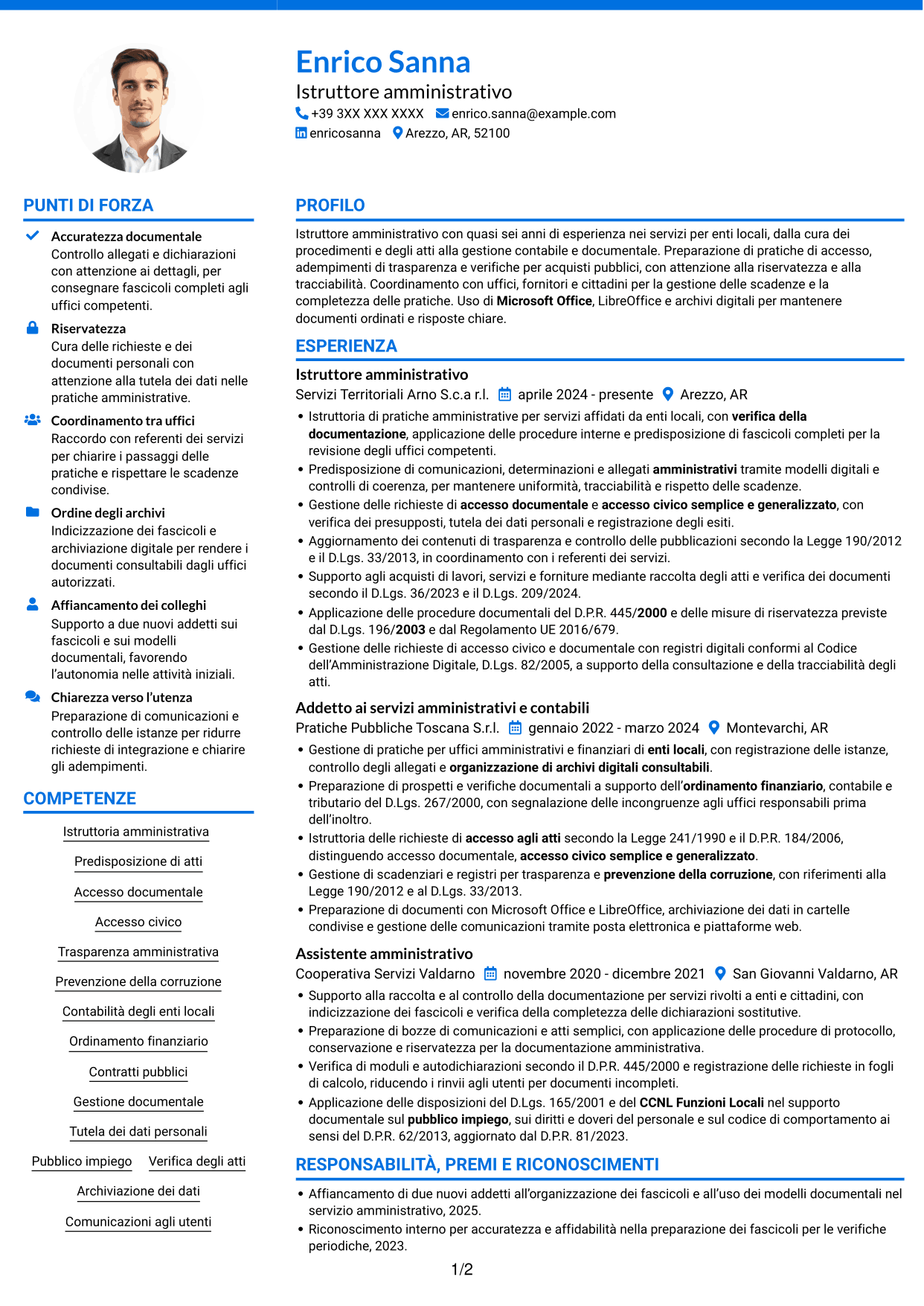 CV Audace (formato a due colonne con accenti colorati e foto): Istruttore amministrativo - Procedimenti e servizi degli enti locali, pagina 1