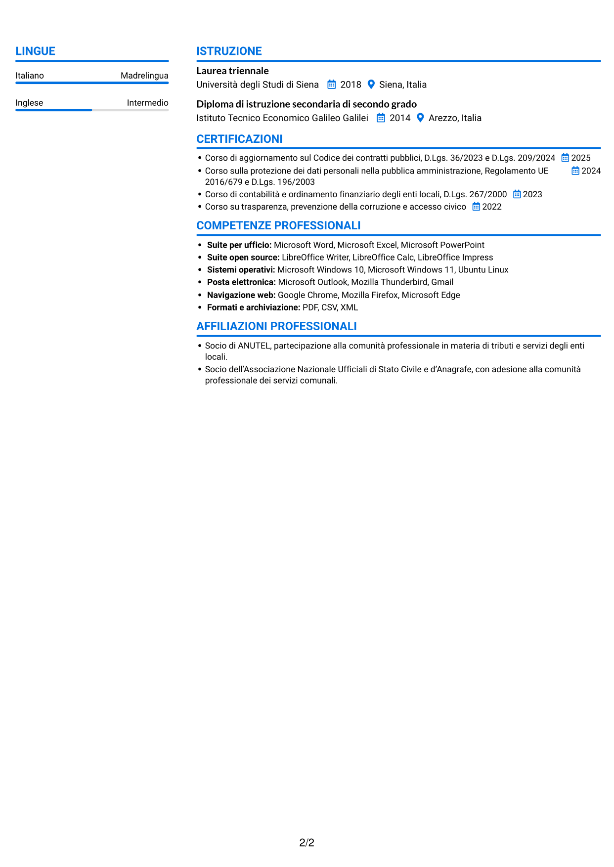 CV Audace (formato a due colonne con accenti colorati e foto): Istruttore amministrativo - Procedimenti e servizi degli enti locali, pagina 2