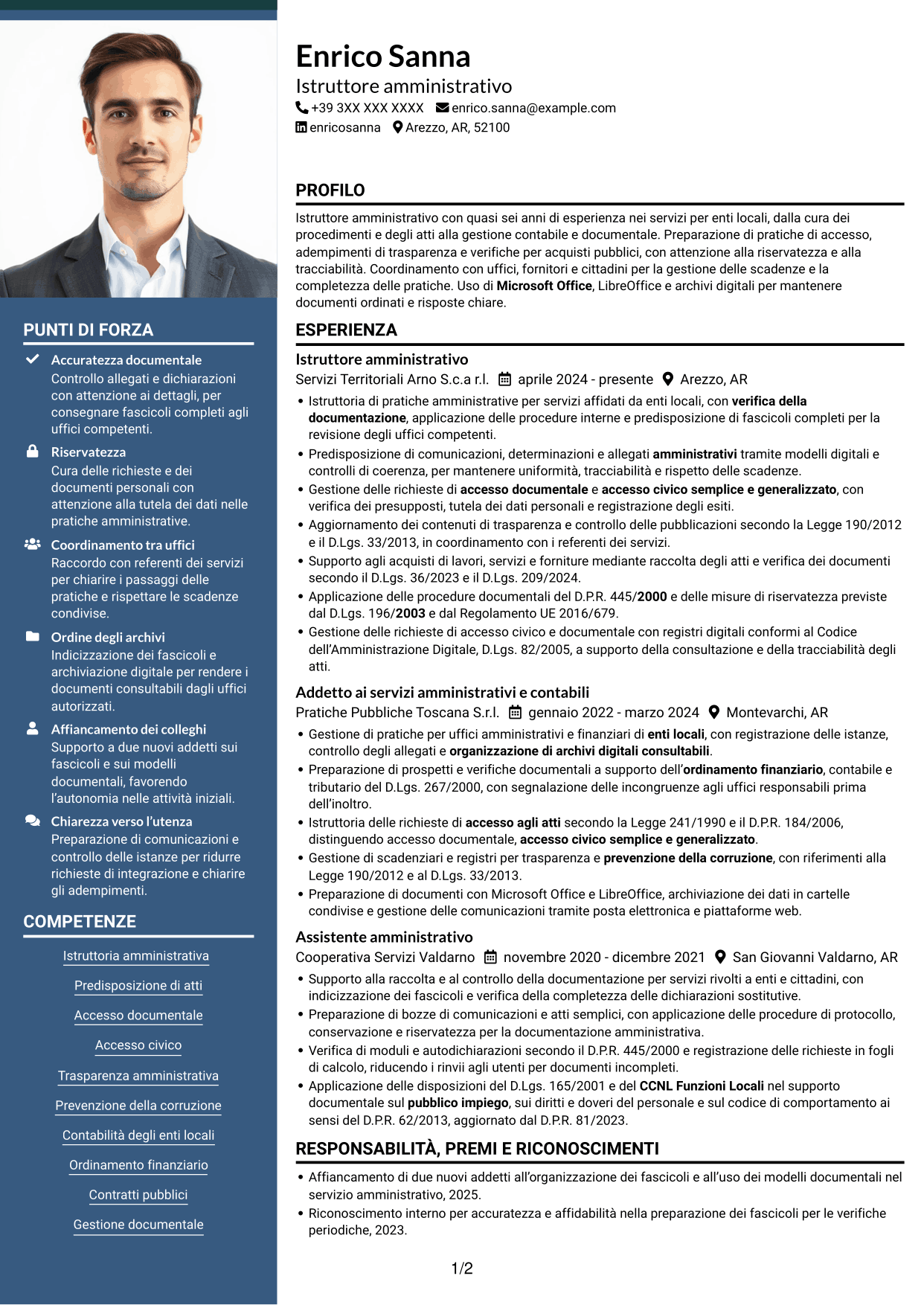 CV Signature (formato con colonna laterale colorata e foto grande): Istruttore amministrativo - Procedimenti e servizi degli enti locali, pagina 1