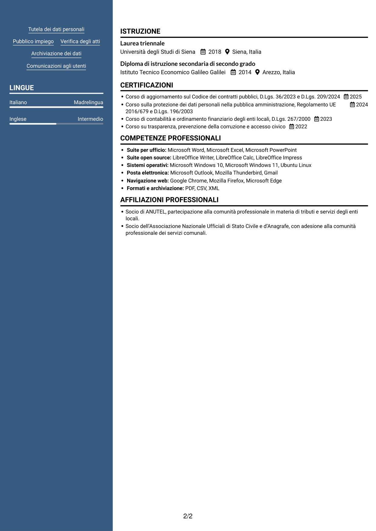 CV Signature (formato con colonna laterale colorata e foto grande): Istruttore amministrativo - Procedimenti e servizi degli enti locali, pagina 2