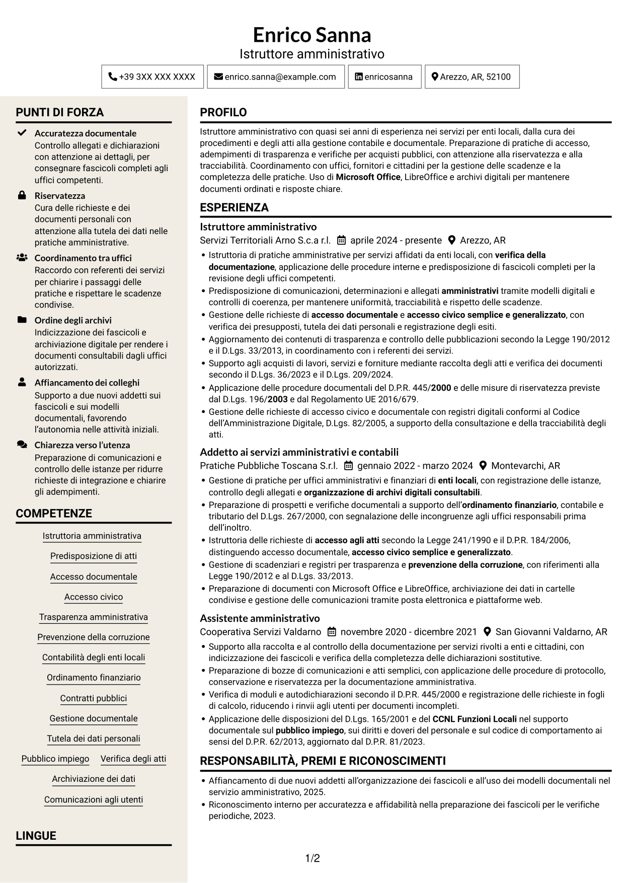 CV Intraprendente (formato a due colonne con intestazione centrata senza foto): Istruttore amministrativo - Procedimenti e servizi degli enti locali, pagina 1