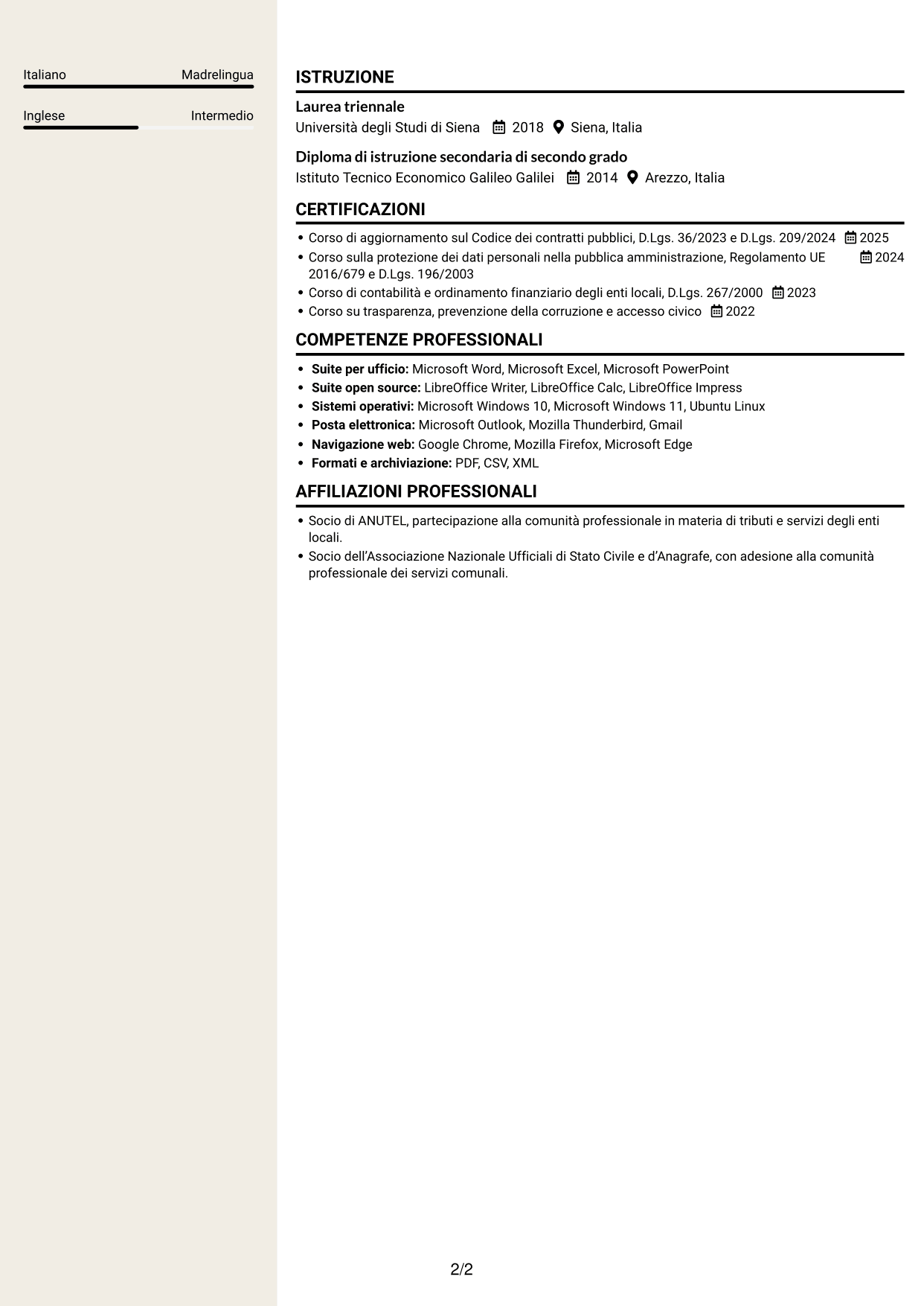 CV Intraprendente (formato a due colonne con intestazione centrata senza foto): Istruttore amministrativo - Procedimenti e servizi degli enti locali, pagina 2