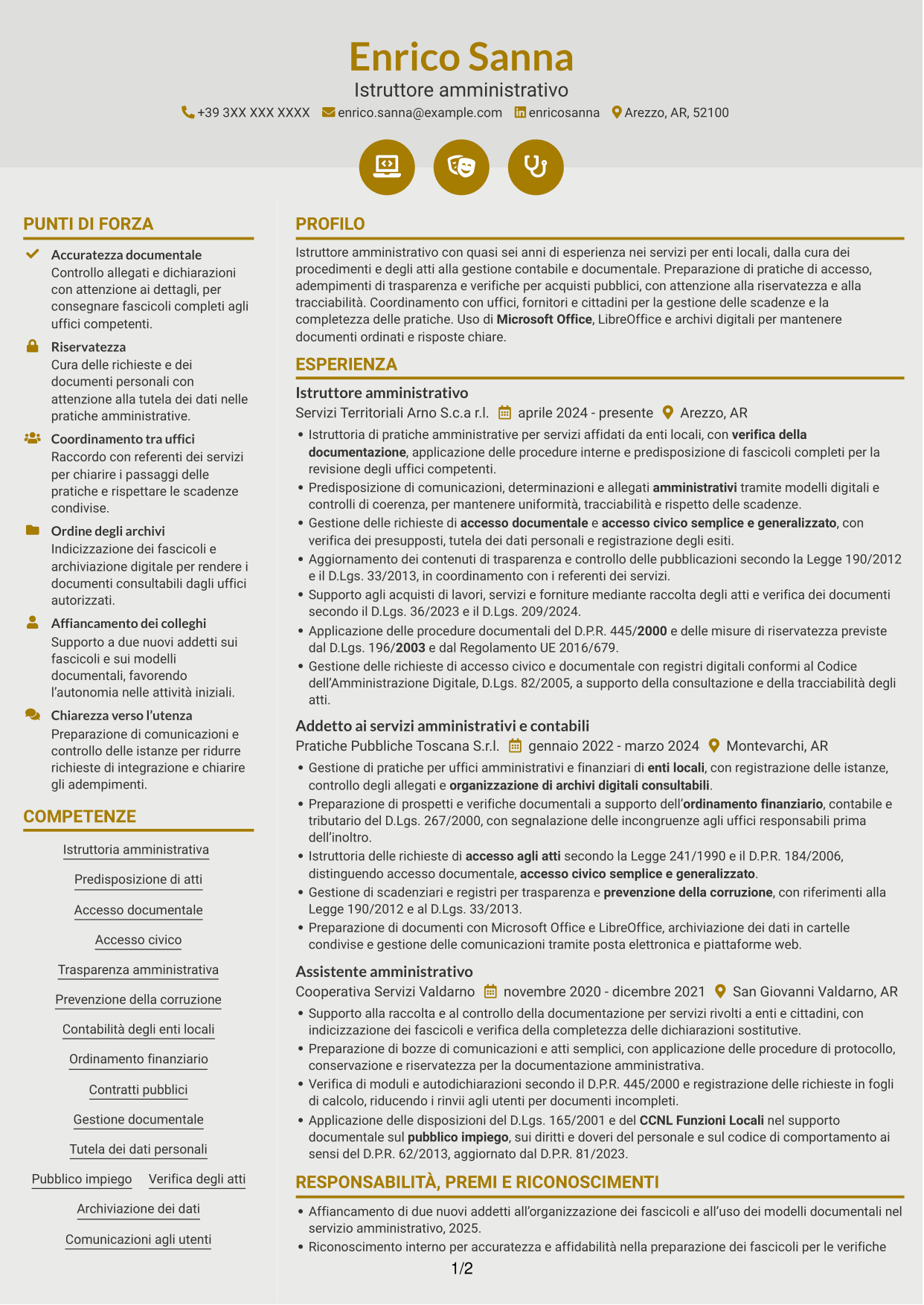 CV Dinamico (formato a due colonne con icone): Istruttore amministrativo - Procedimenti e servizi degli enti locali, pagina 1