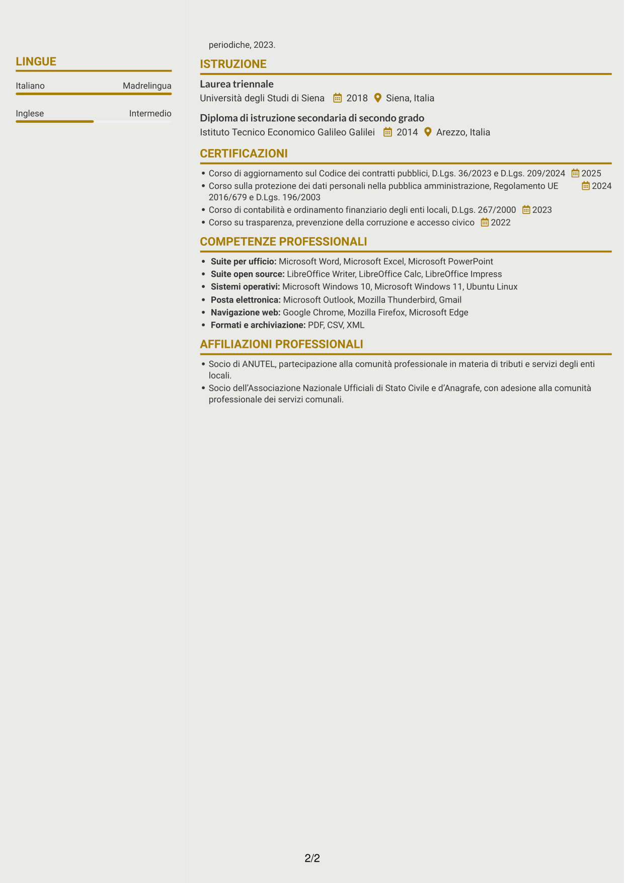 CV Dinamico (formato a due colonne con icone): Istruttore amministrativo - Procedimenti e servizi degli enti locali, pagina 2