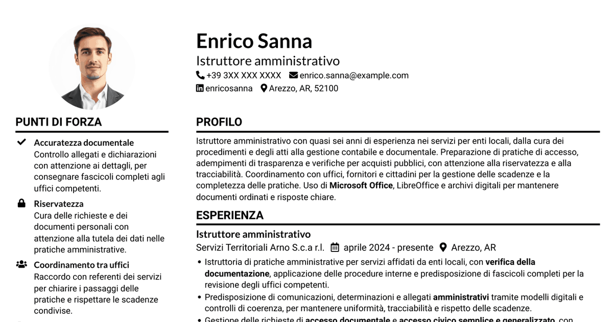 7 modelli di CV per Istruttore amministrativo - Procedimenti e servizi degli enti locali, con esempi
