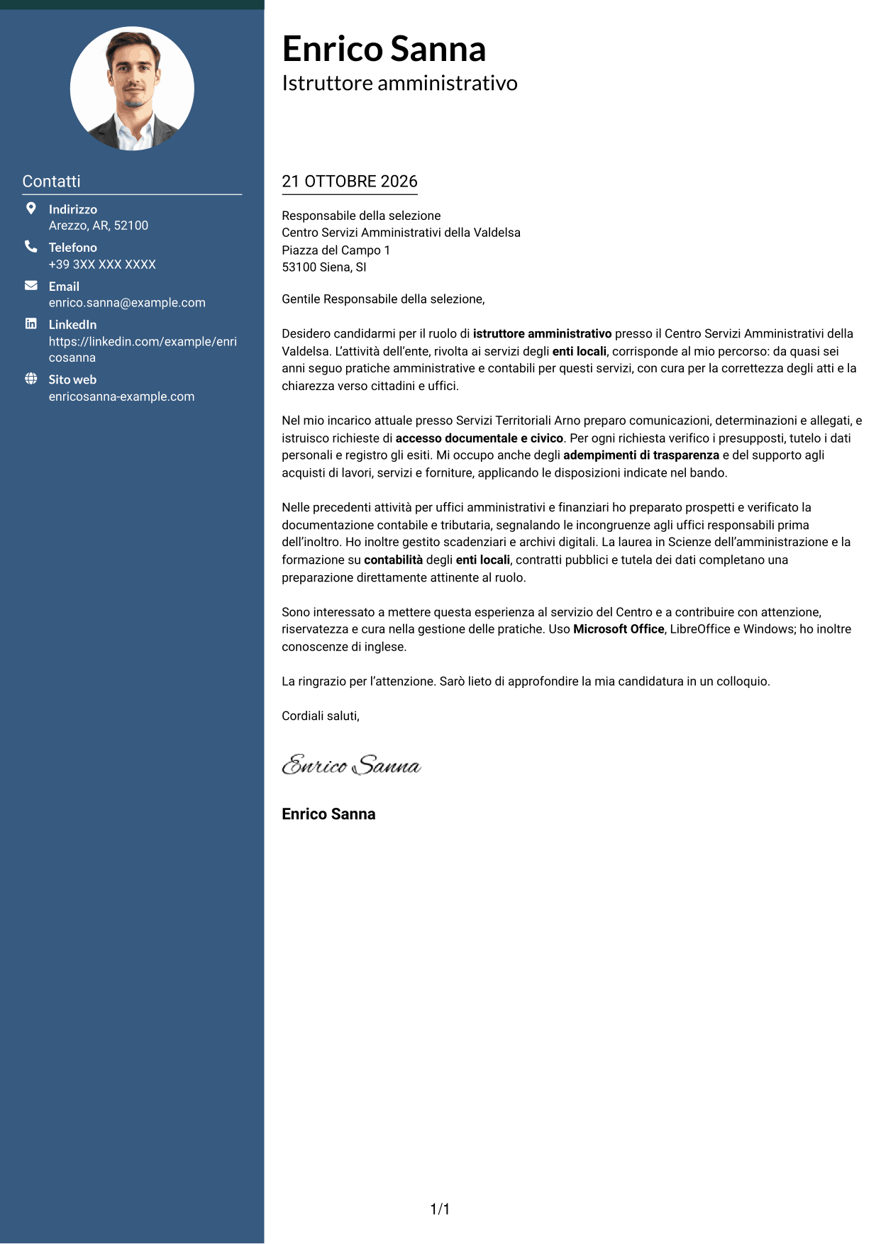 Lettera di presentazione Elegante (formato con colonna laterale colorata e foto): Istruttore amministrativo - Procedimenti e servizi degli enti locali, pagina 1