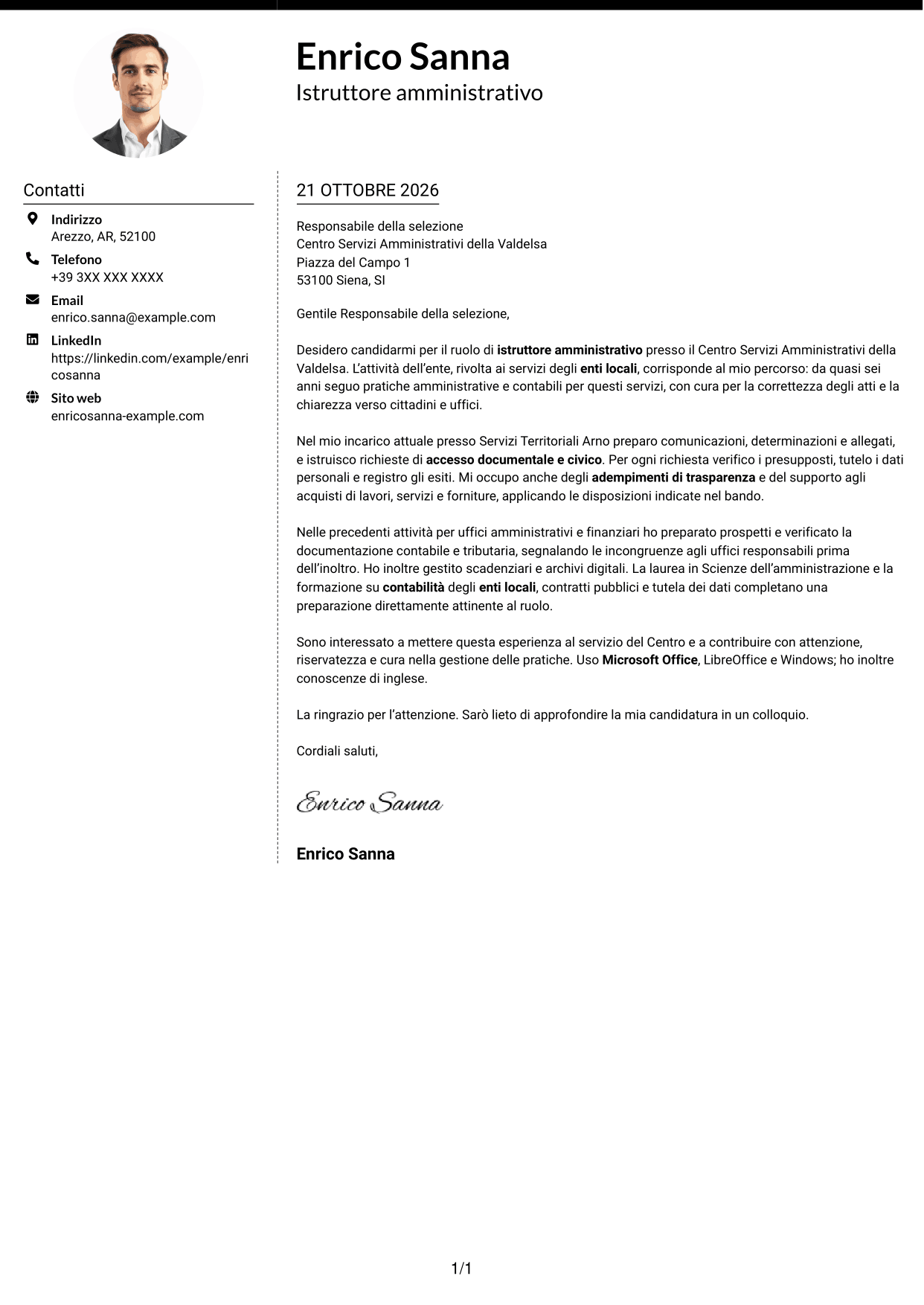 Lettera di presentazione Moderno (formato a due colonne con foto a sinistra e separatore): Istruttore amministrativo - Procedimenti e servizi degli enti locali, pagina 1