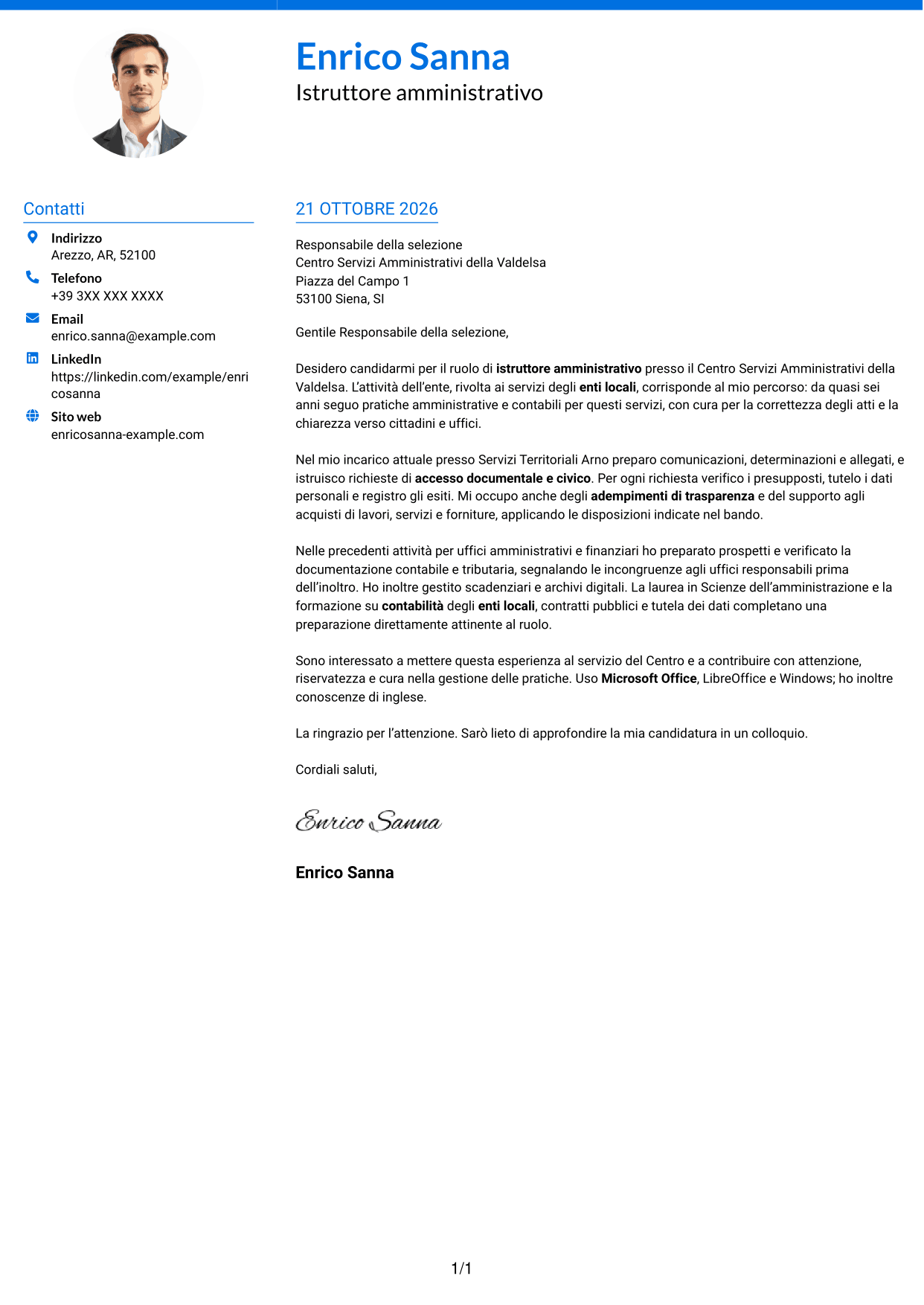 Lettera di presentazione Audace (formato a due colonne con accenti colorati e foto): Istruttore amministrativo - Procedimenti e servizi degli enti locali, pagina 1