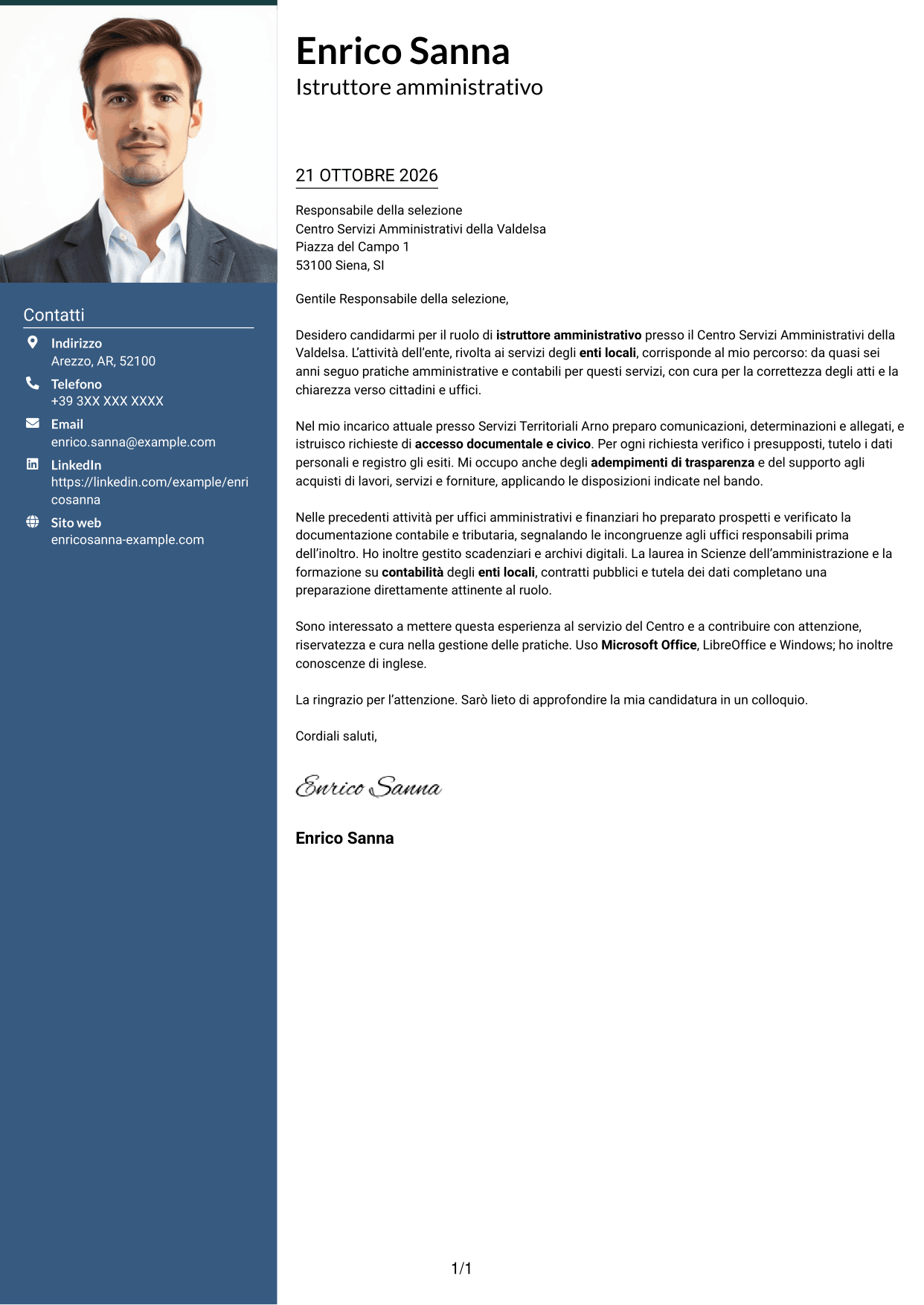 Lettera di presentazione Signature (formato con colonna laterale colorata e foto grande): Istruttore amministrativo - Procedimenti e servizi degli enti locali, pagina 1