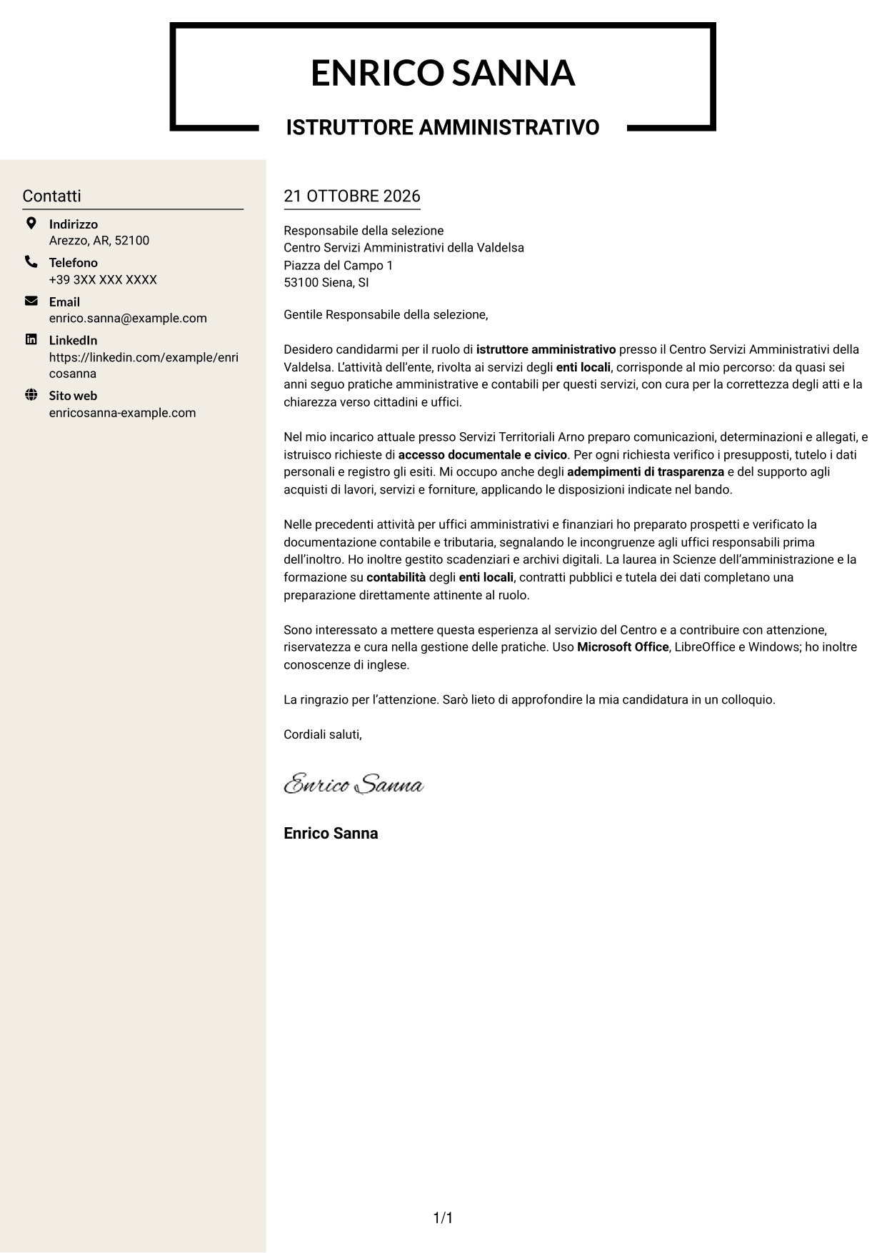 Lettera di presentazione Intraprendente (formato a due colonne con intestazione centrata senza foto): Istruttore amministrativo - Procedimenti e servizi degli enti locali, pagina 1