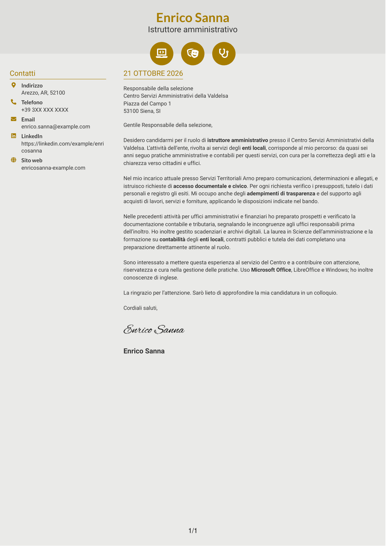 Lettera di presentazione Dinamico (formato a due colonne con icone): Istruttore amministrativo - Procedimenti e servizi degli enti locali, pagina 1