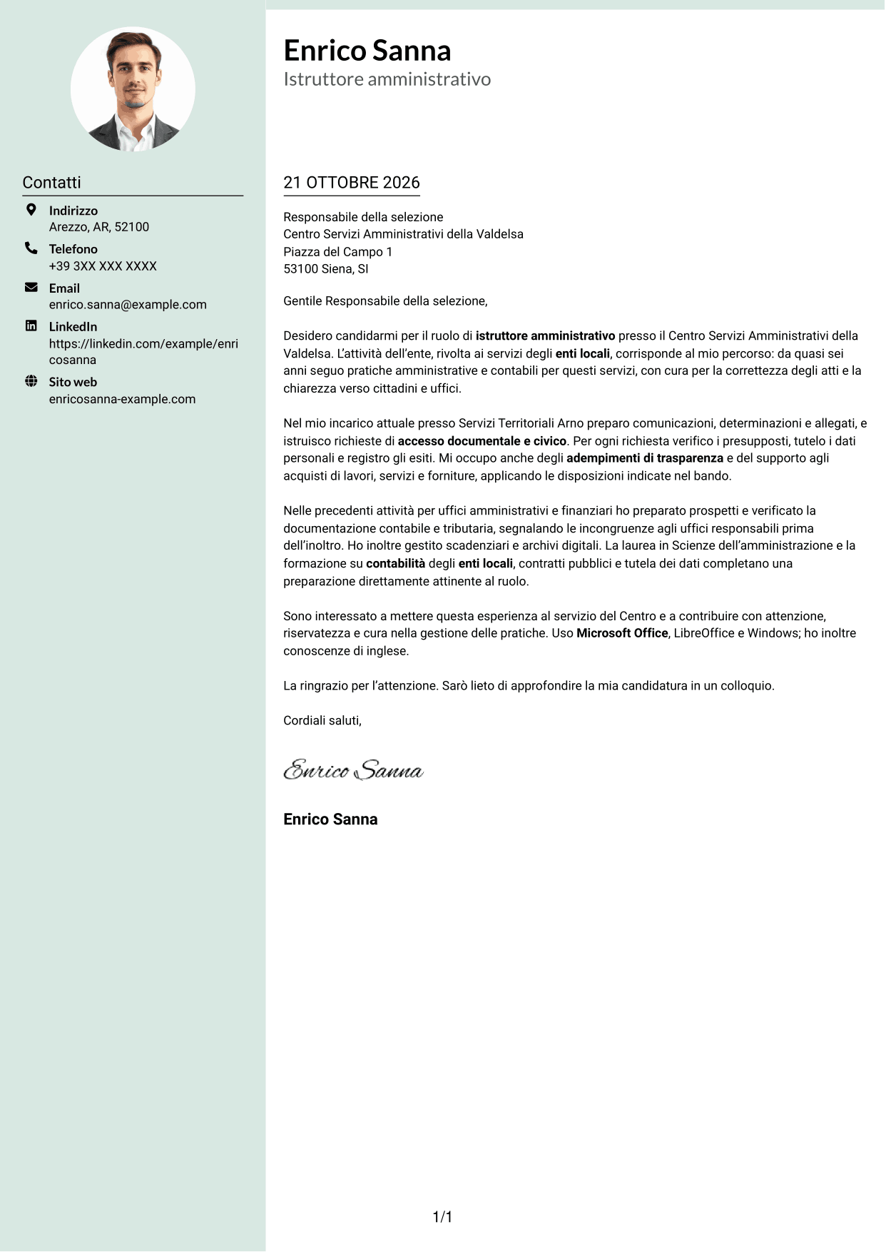 Lettera di presentazione Dirigente (formato con colonna laterale tenue e foto arrotondata): Istruttore amministrativo - Procedimenti e servizi degli enti locali, pagina 1