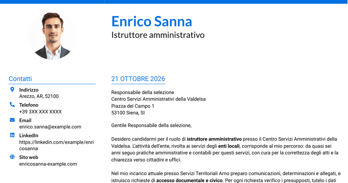 7 modelli di lettera di presentazione per Istruttore amministrativo - Procedimenti e servizi degli enti locali, con esempi