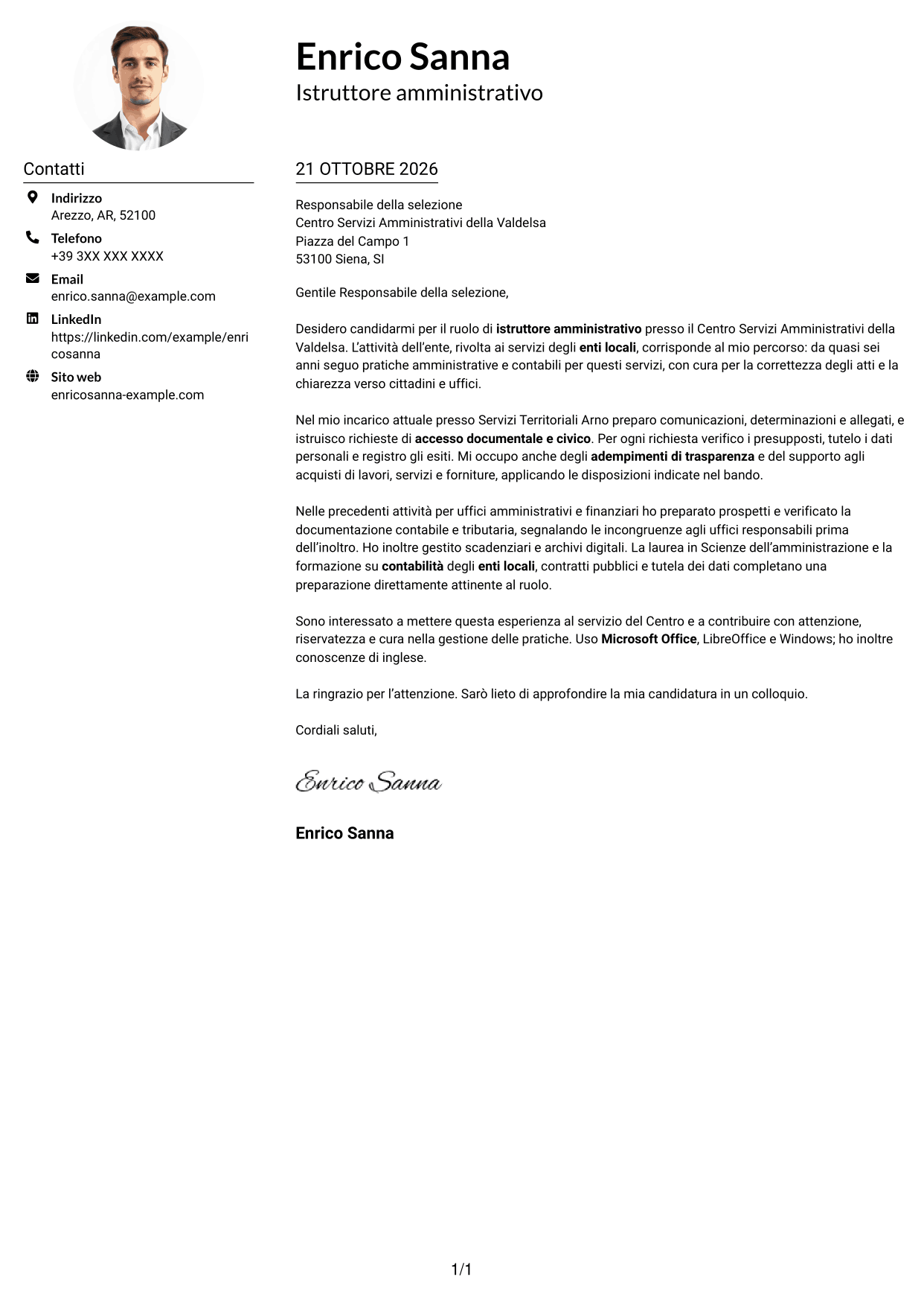 Esempio di lettera di presentazione — pagina 1
