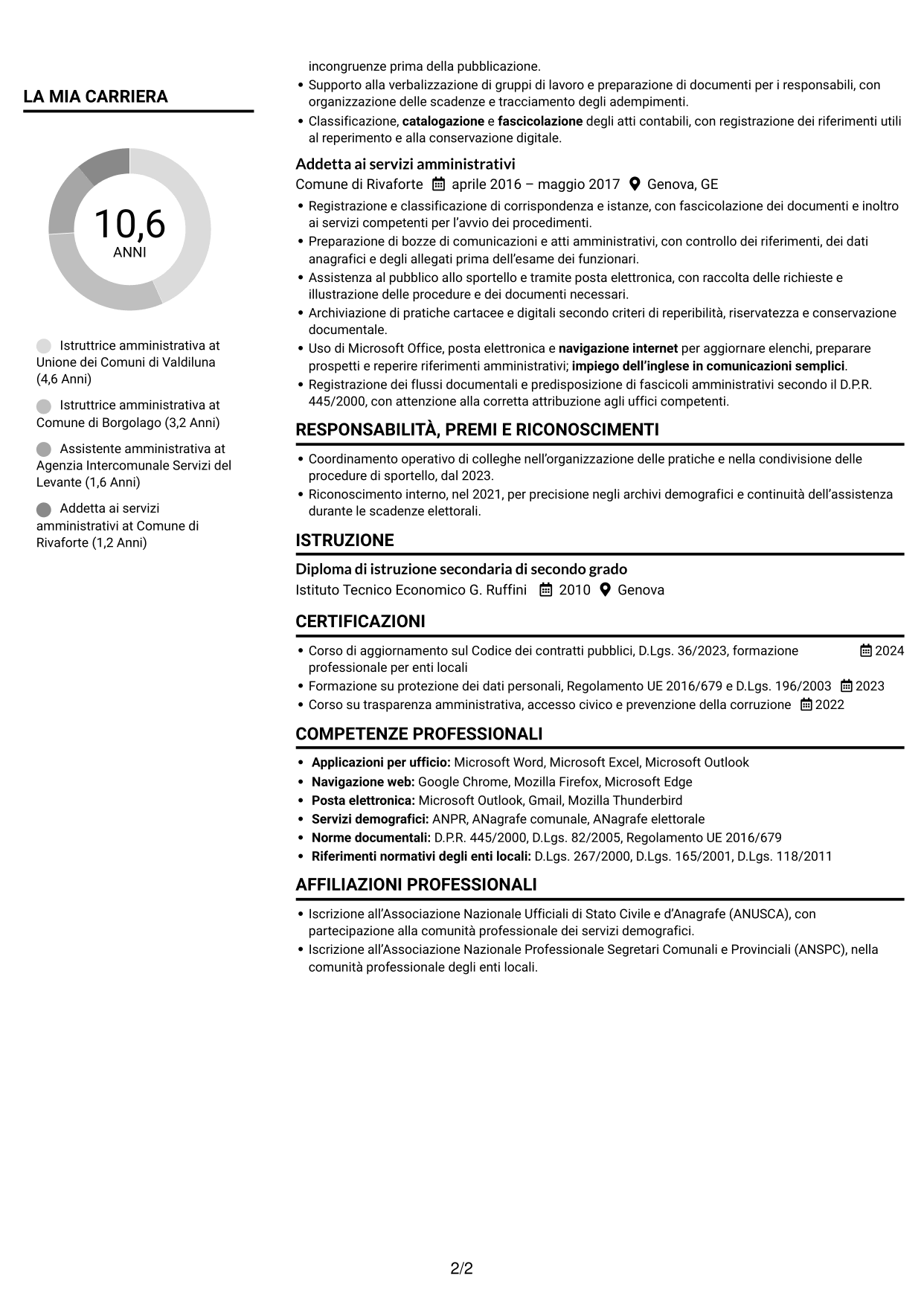 CV Compatto (formato sobrio a due colonne con foto): Istruttore amministrativo - Servizi degli enti locali, pagina 2