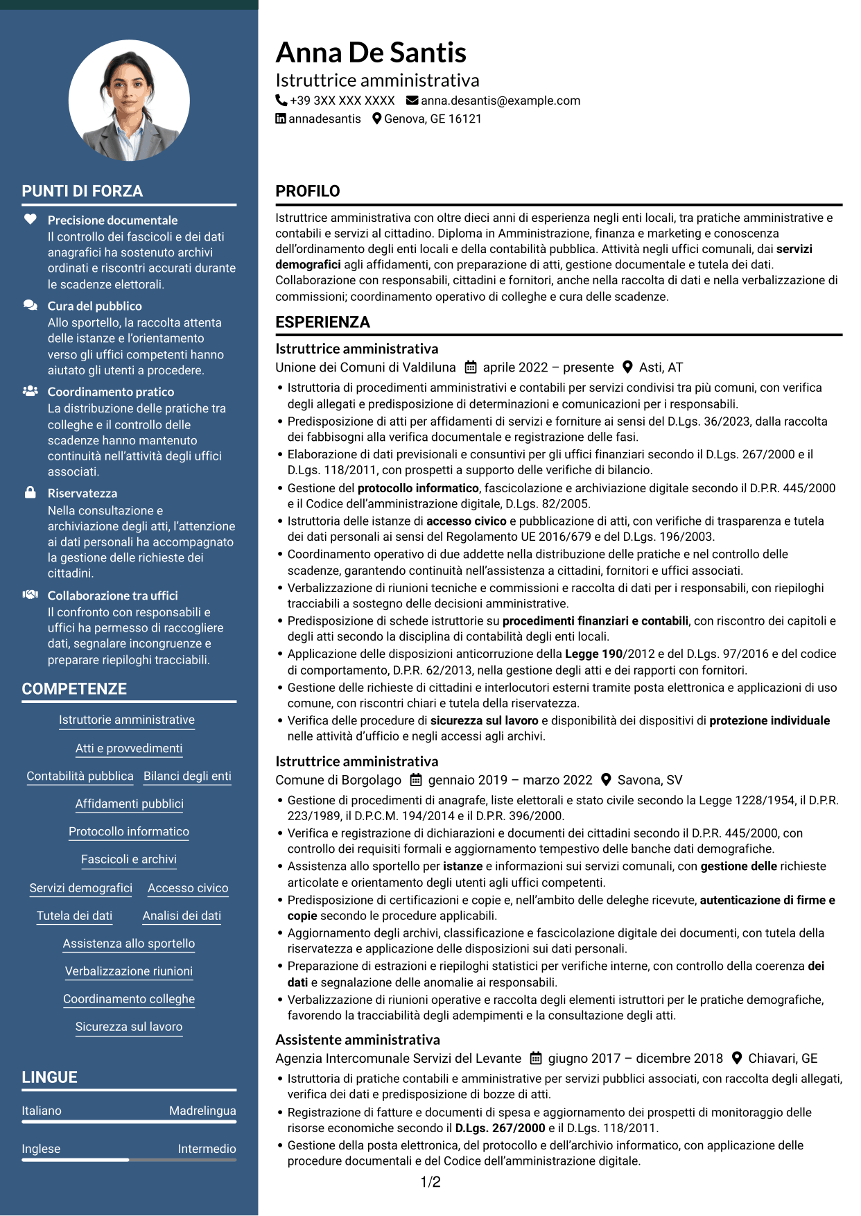 CV Elegante (formato con colonna laterale colorata e foto): Istruttore amministrativo - Servizi degli enti locali, pagina 1