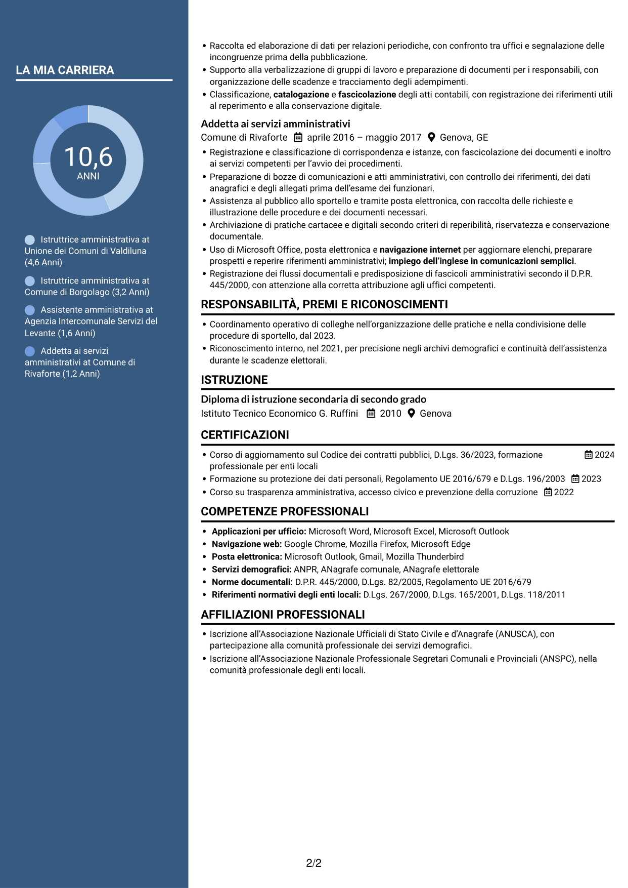 CV Elegante (formato con colonna laterale colorata e foto): Istruttore amministrativo - Servizi degli enti locali, pagina 2