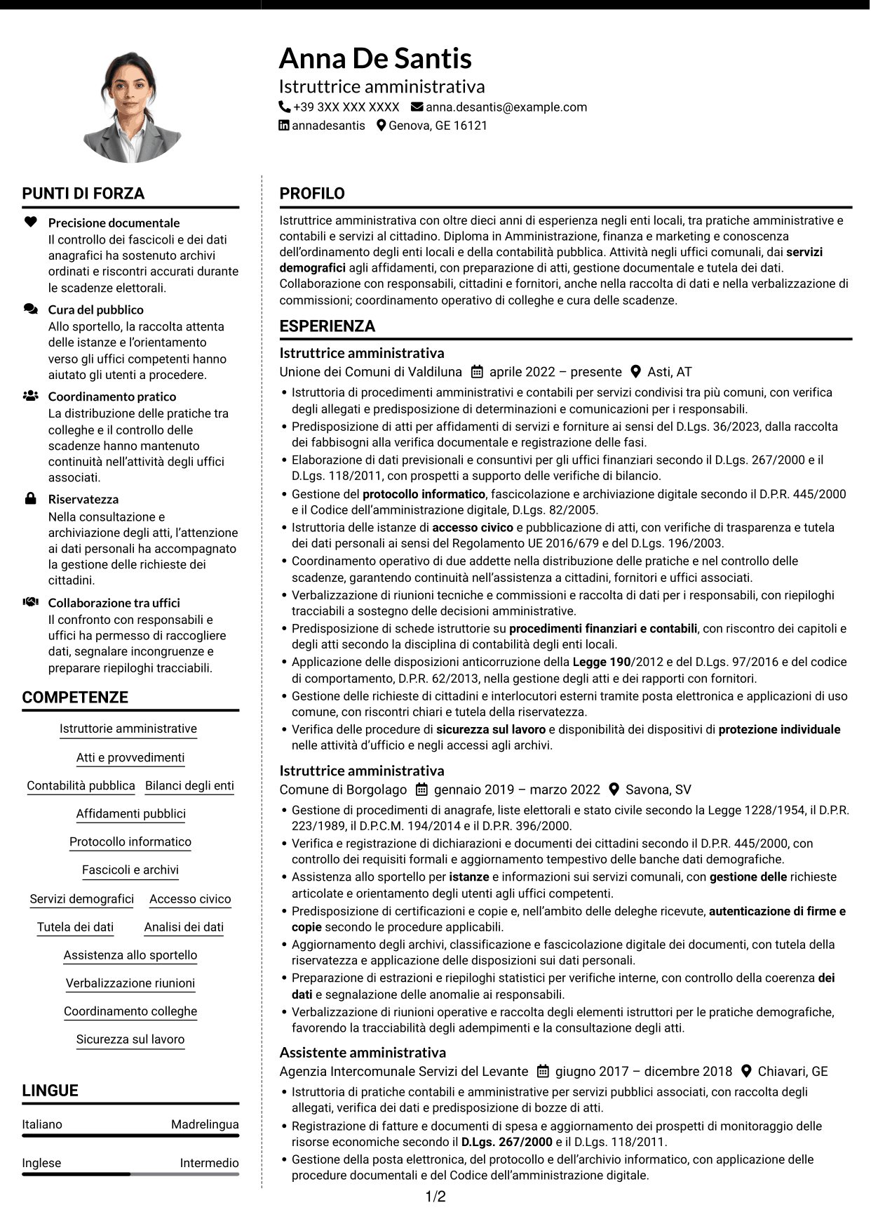 CV Moderno (formato a due colonne con foto a sinistra e separatore): Istruttore amministrativo - Servizi degli enti locali, pagina 1