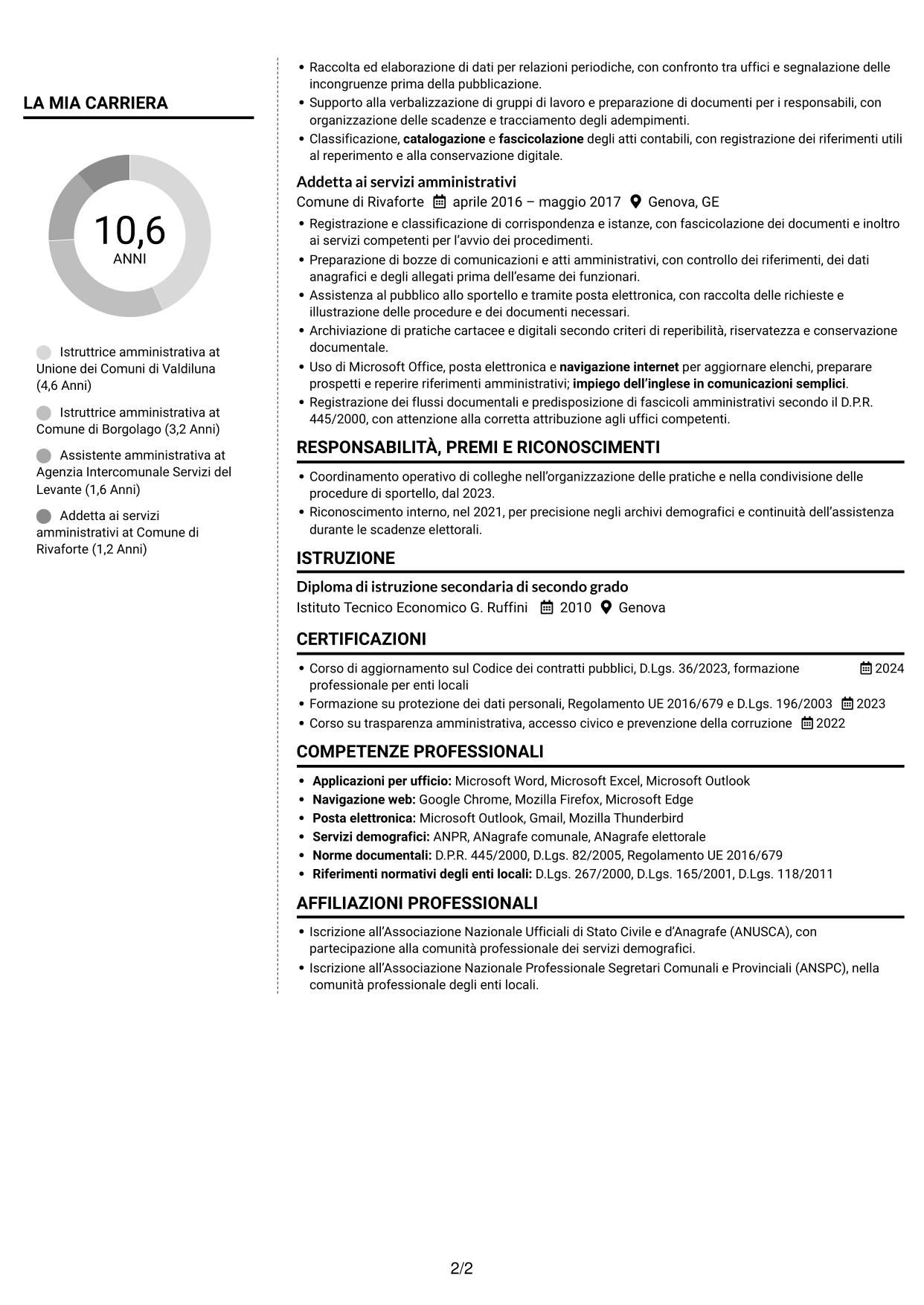 CV Moderno (formato a due colonne con foto a sinistra e separatore): Istruttore amministrativo - Servizi degli enti locali, pagina 2