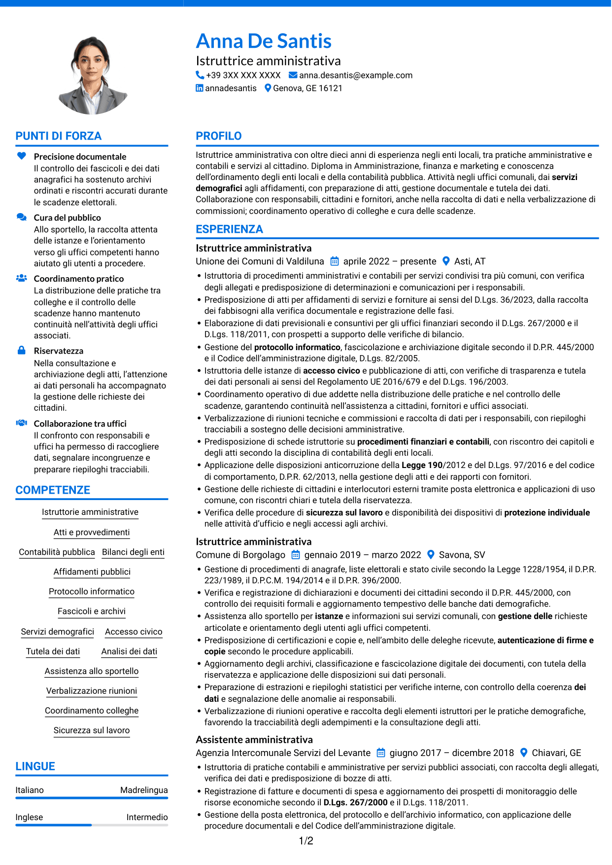 CV Audace (formato a due colonne con accenti colorati e foto): Istruttore amministrativo - Servizi degli enti locali, pagina 1