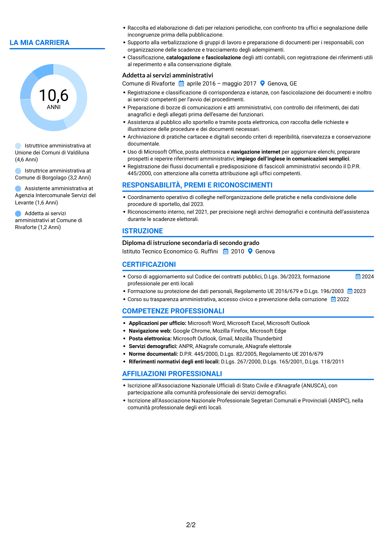 CV Audace (formato a due colonne con accenti colorati e foto): Istruttore amministrativo - Servizi degli enti locali, pagina 2