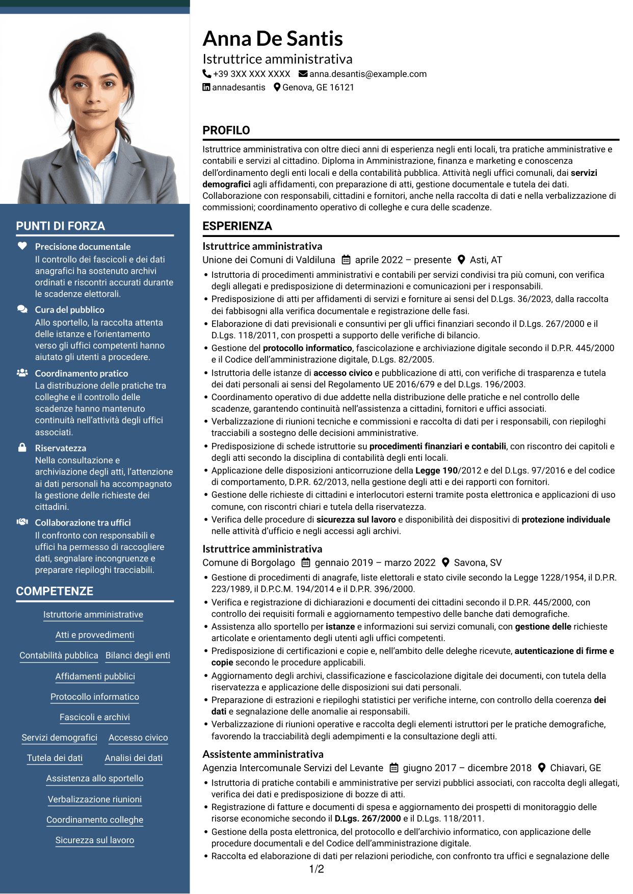 CV Signature (formato con colonna laterale colorata e foto grande): Istruttore amministrativo - Servizi degli enti locali, pagina 1
