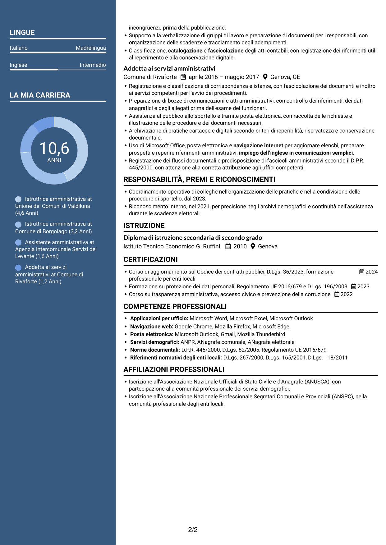 CV Signature (formato con colonna laterale colorata e foto grande): Istruttore amministrativo - Servizi degli enti locali, pagina 2