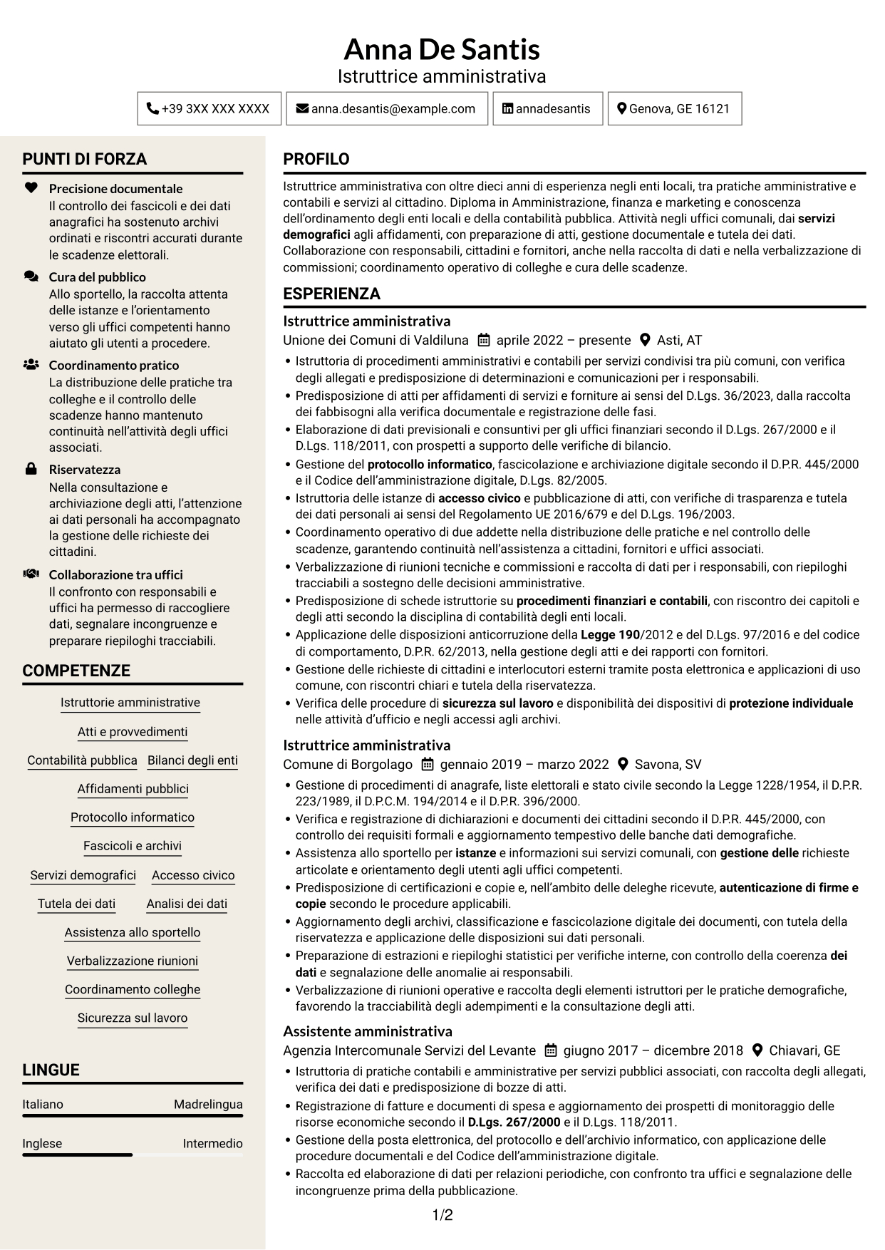 CV Intraprendente (formato a due colonne con intestazione centrata senza foto): Istruttore amministrativo - Servizi degli enti locali, pagina 1