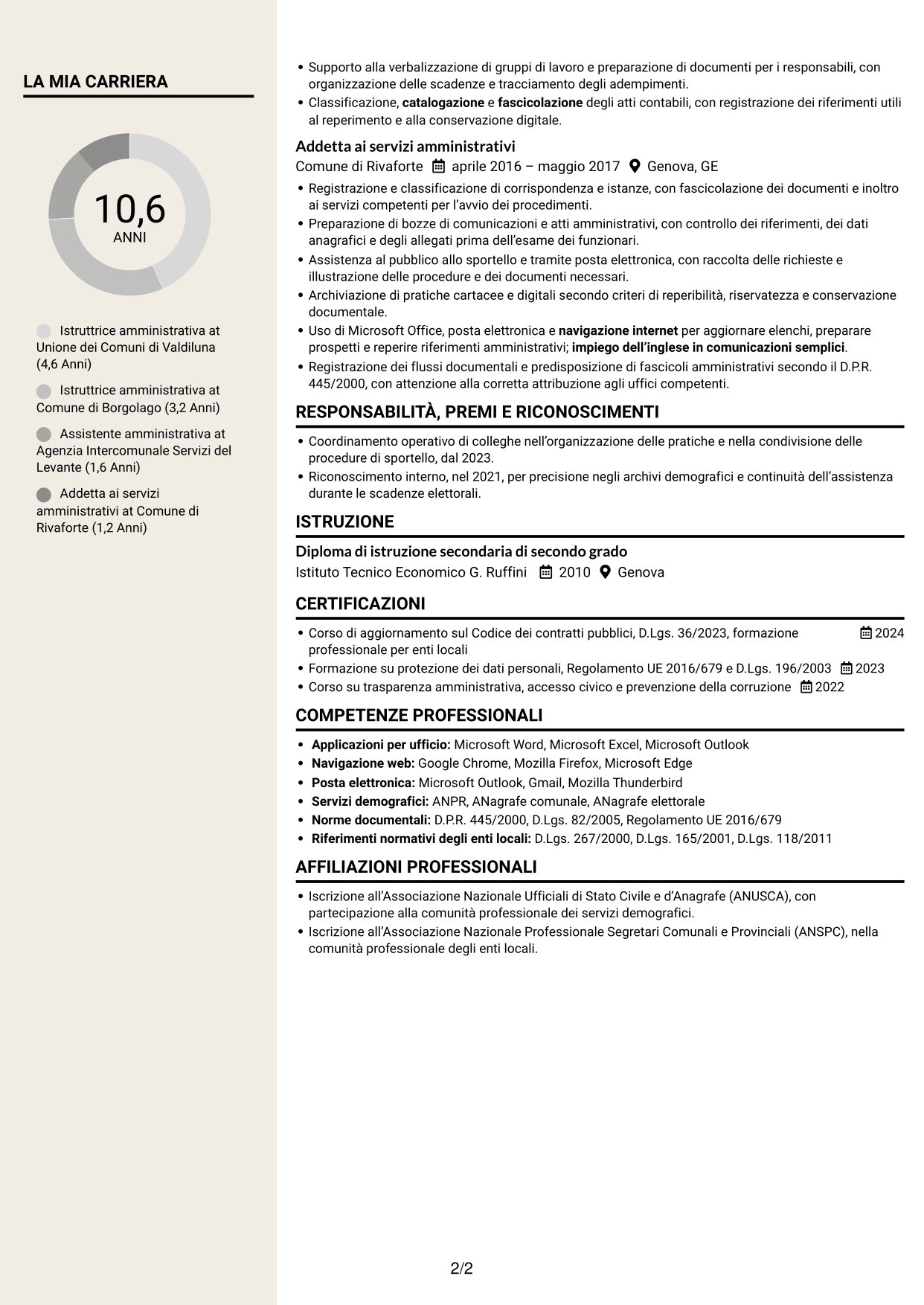 CV Intraprendente (formato a due colonne con intestazione centrata senza foto): Istruttore amministrativo - Servizi degli enti locali, pagina 2