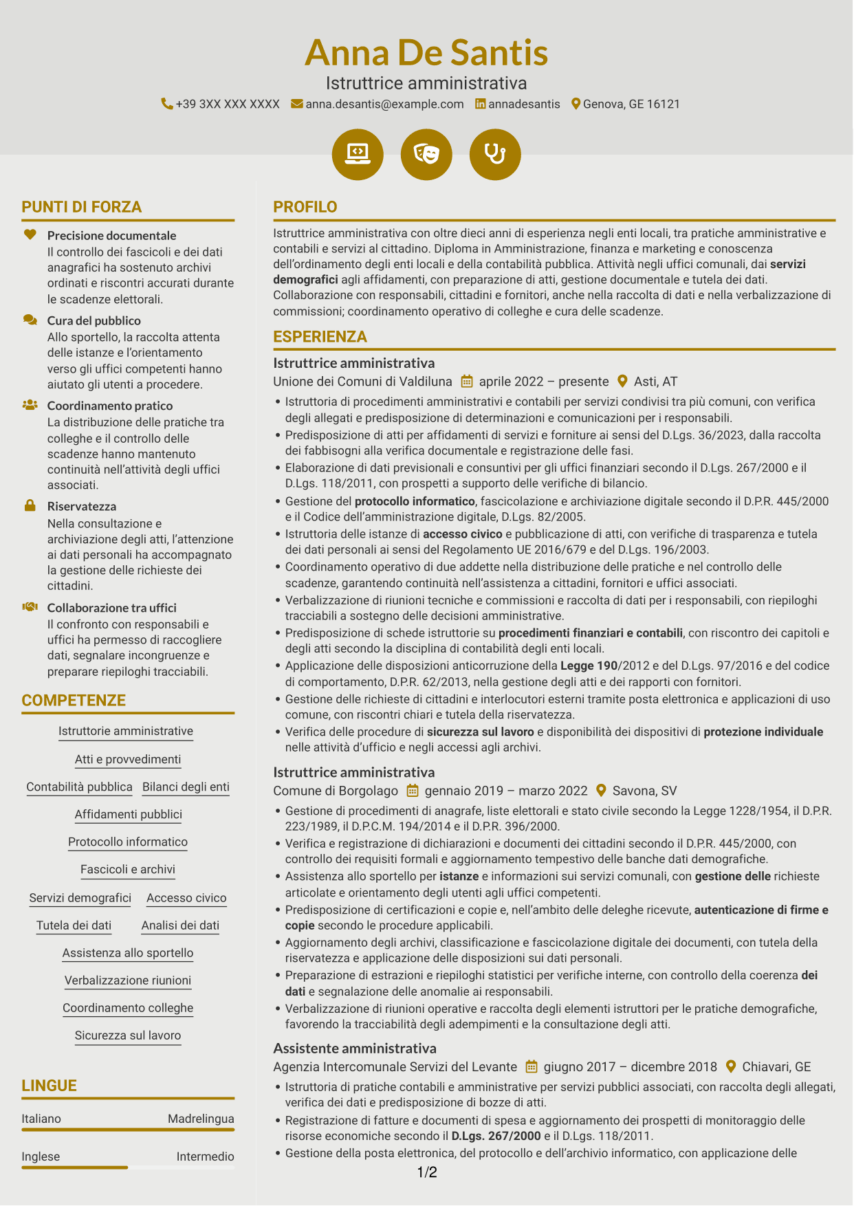 CV Dinamico (formato a due colonne con icone): Istruttore amministrativo - Servizi degli enti locali, pagina 1
