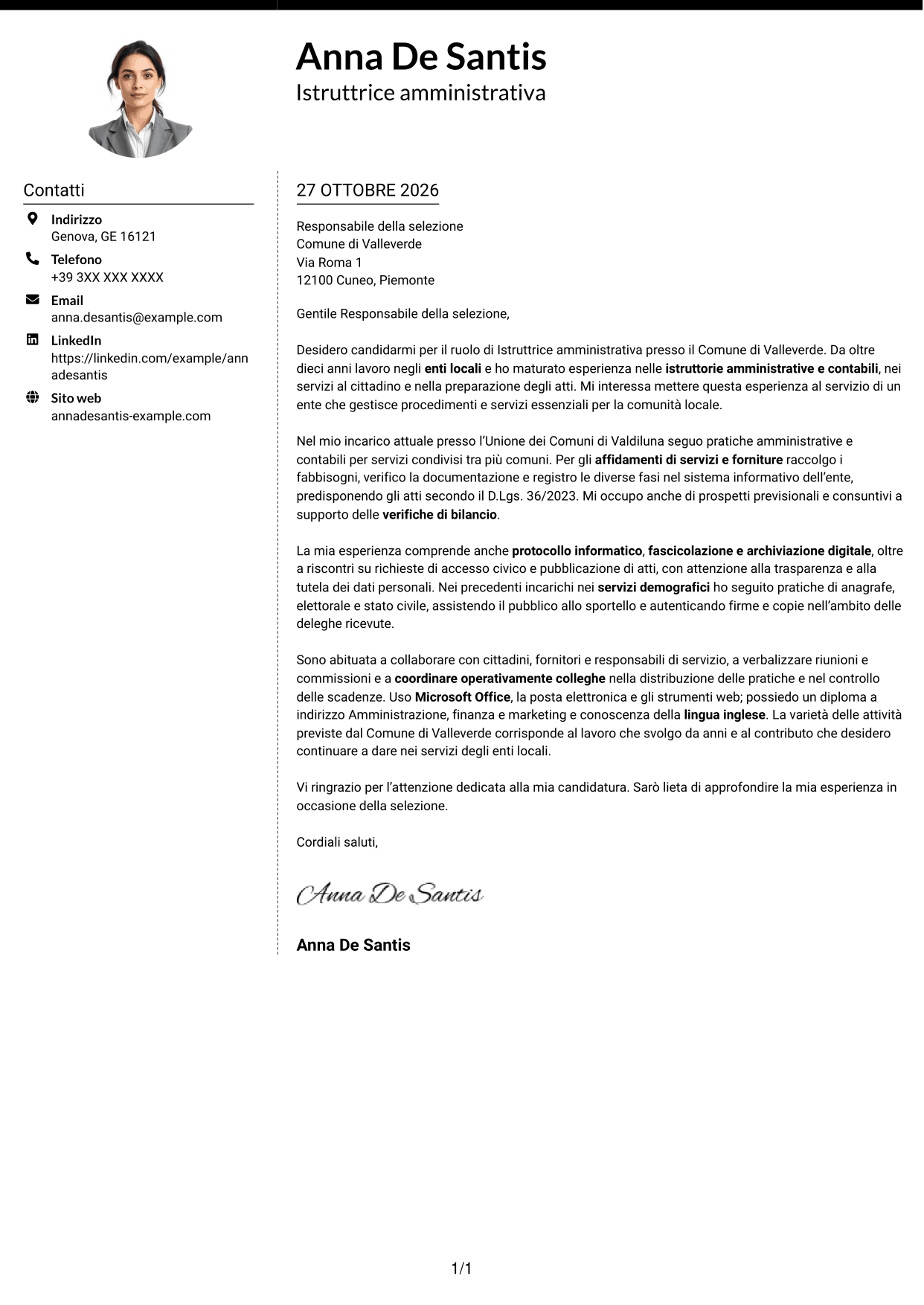 Lettera di presentazione Moderno (formato a due colonne con foto a sinistra e separatore): Istruttore amministrativo - Servizi degli enti locali, pagina 1