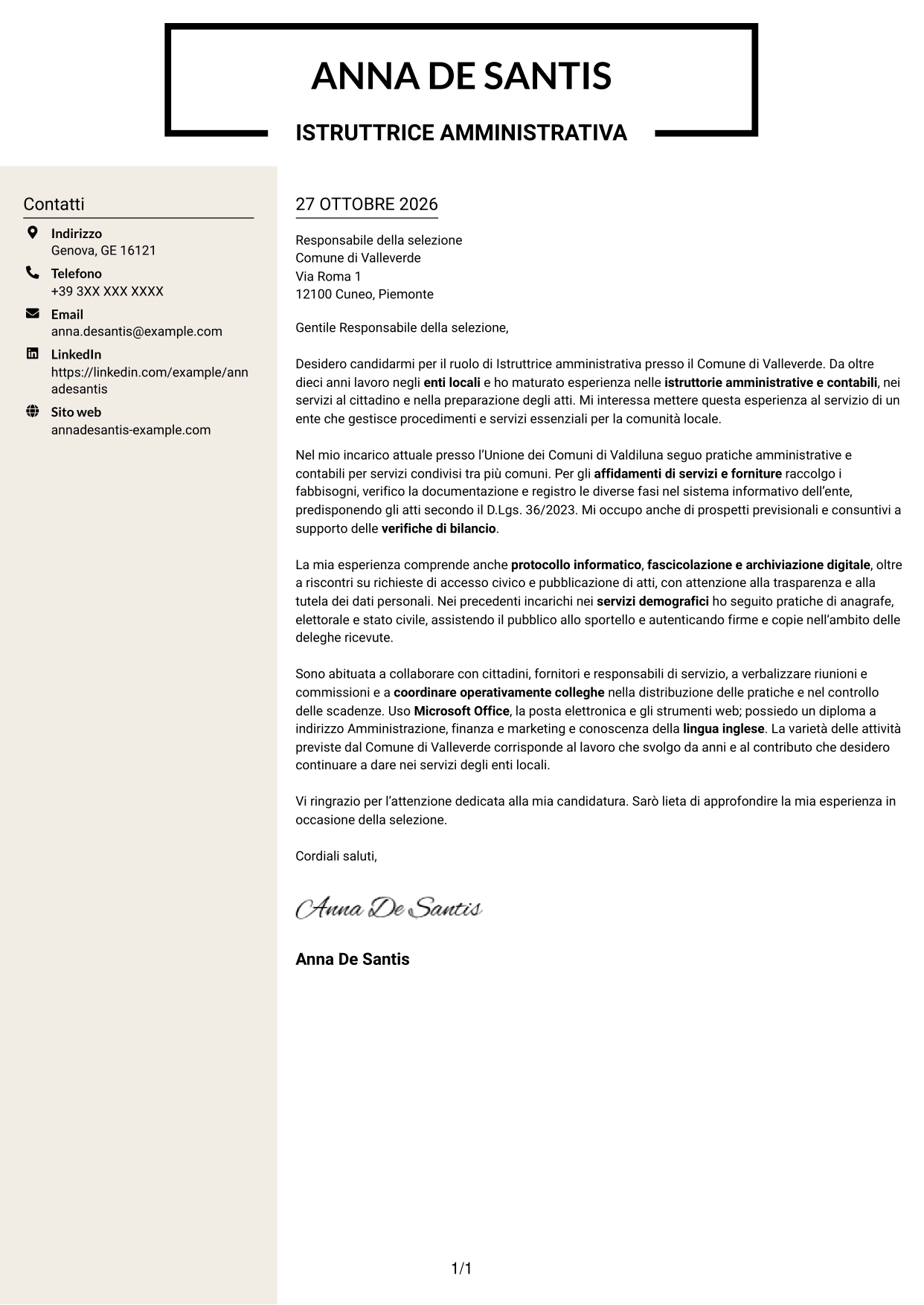 Lettera di presentazione Intraprendente (formato a due colonne con intestazione centrata senza foto): Istruttore amministrativo - Servizi degli enti locali, pagina 1