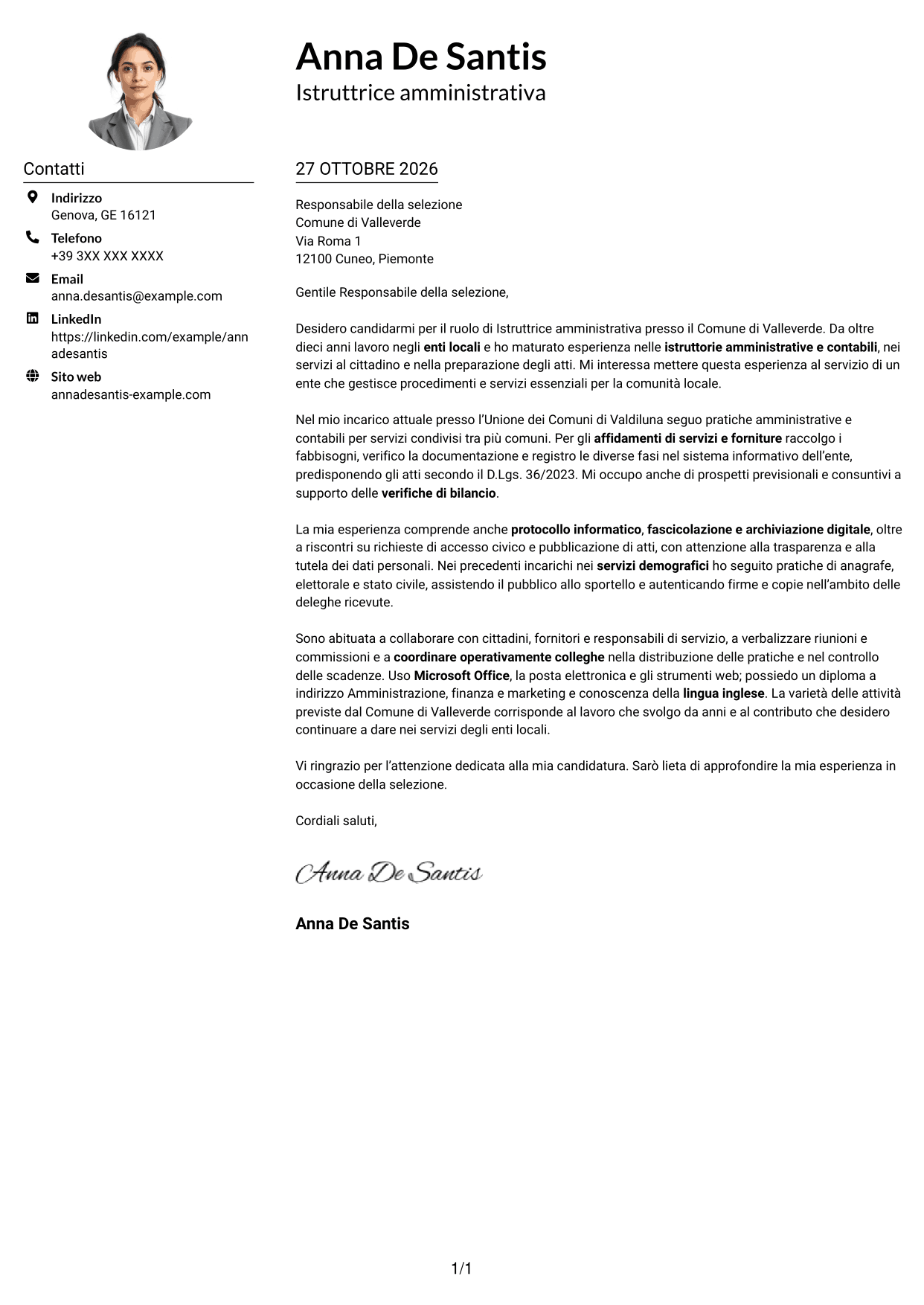 Esempio di lettera di presentazione — pagina 1