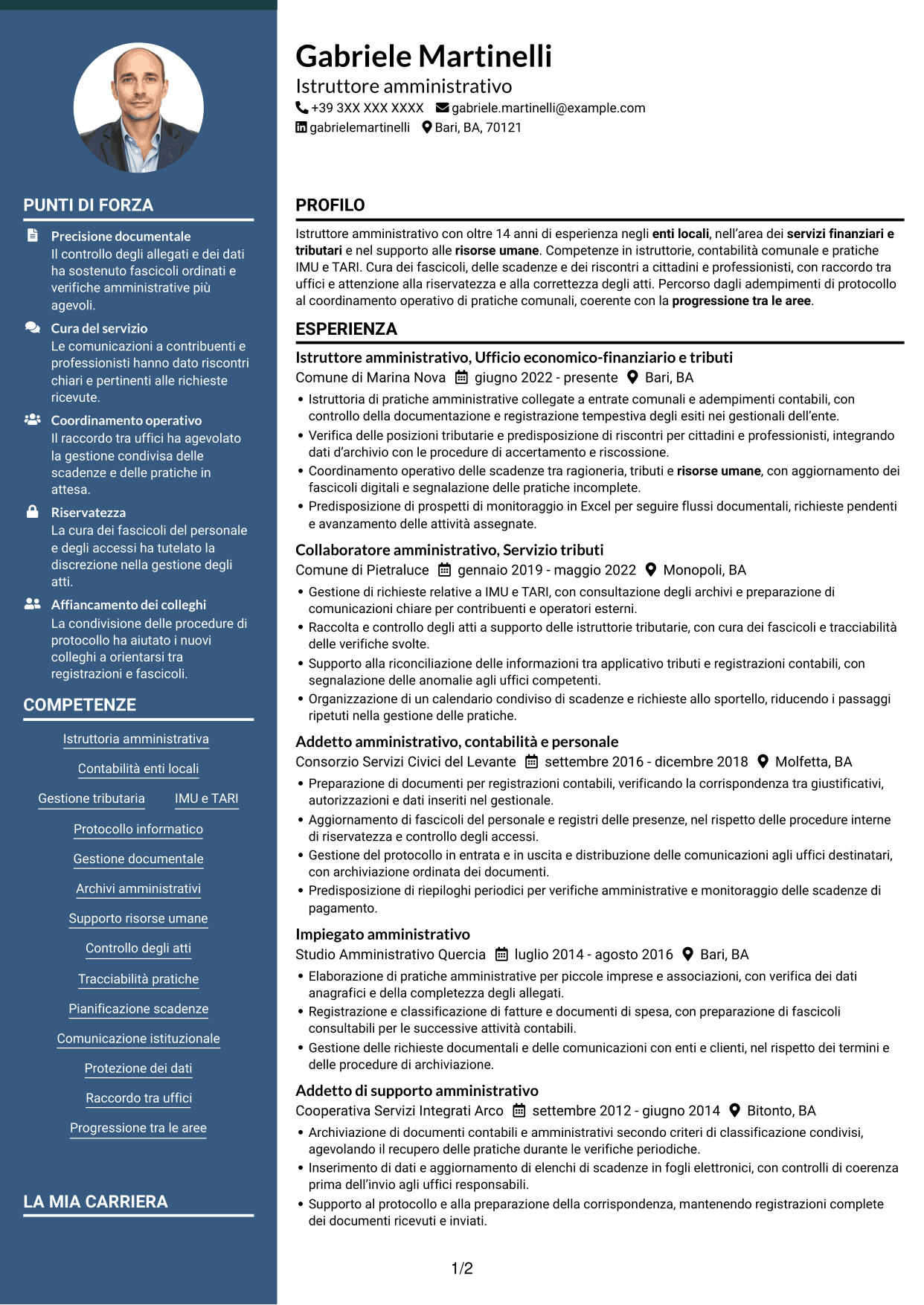 CV Elegante (formato con colonna laterale colorata e foto): Istruttore Amministrativo - Servizi finanziari e tributari, pagina 1