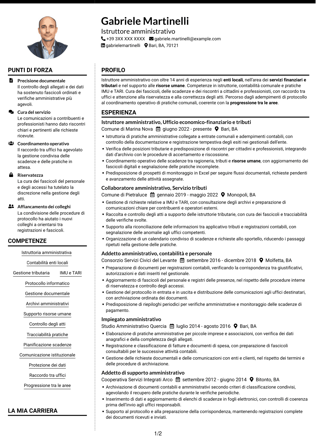 CV Moderno (formato a due colonne con foto a sinistra e separatore): Istruttore Amministrativo - Servizi finanziari e tributari, pagina 1