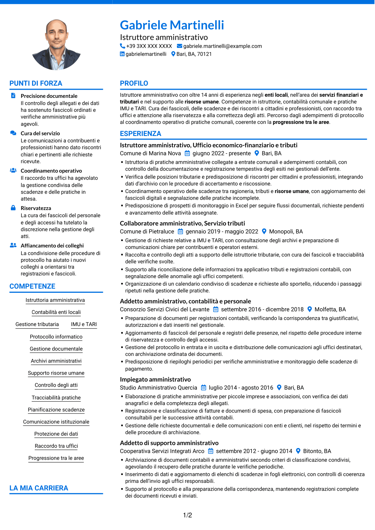 CV Audace (formato a due colonne con accenti colorati e foto): Istruttore Amministrativo - Servizi finanziari e tributari, pagina 1