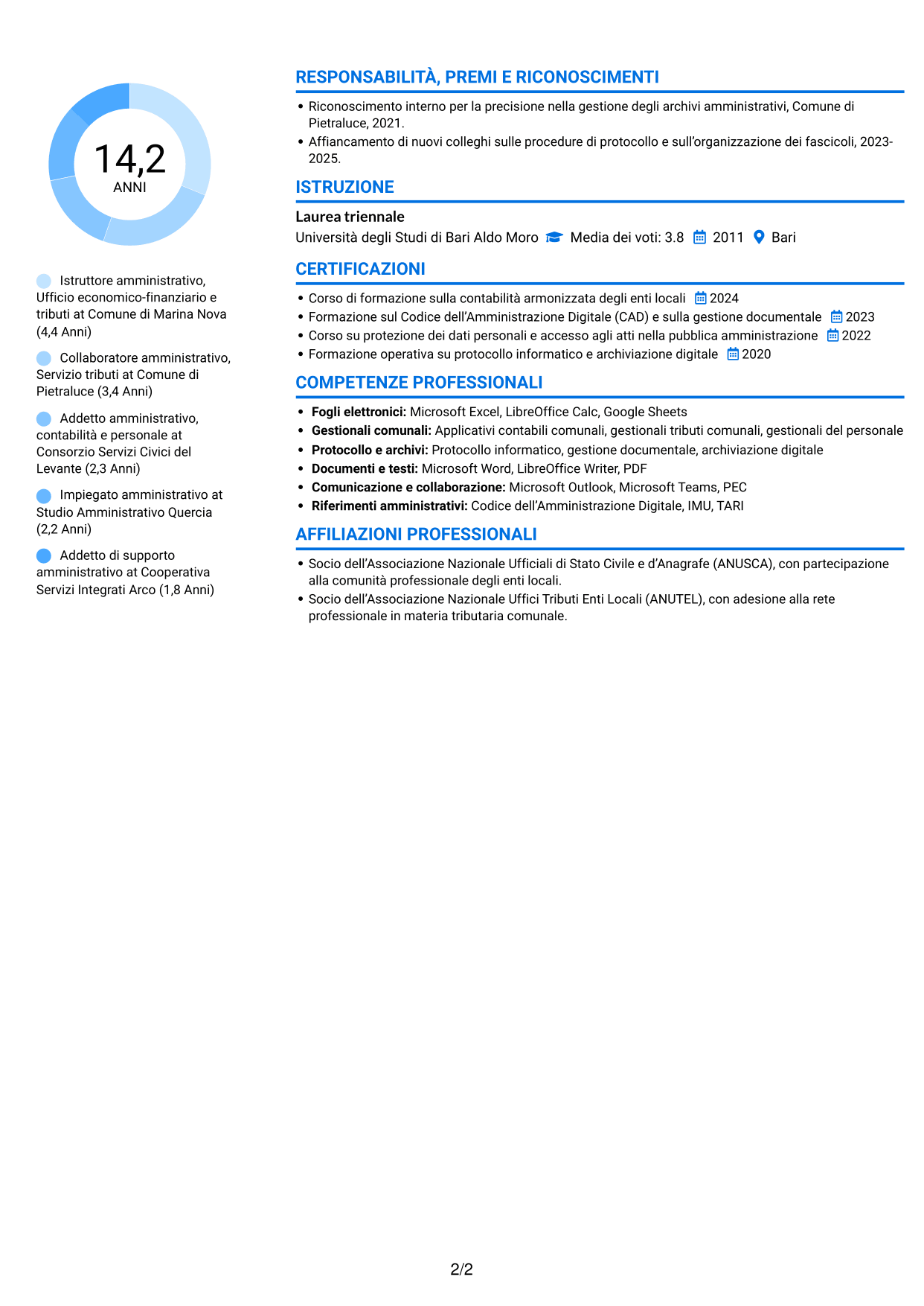 CV Audace (formato a due colonne con accenti colorati e foto): Istruttore Amministrativo - Servizi finanziari e tributari, pagina 2