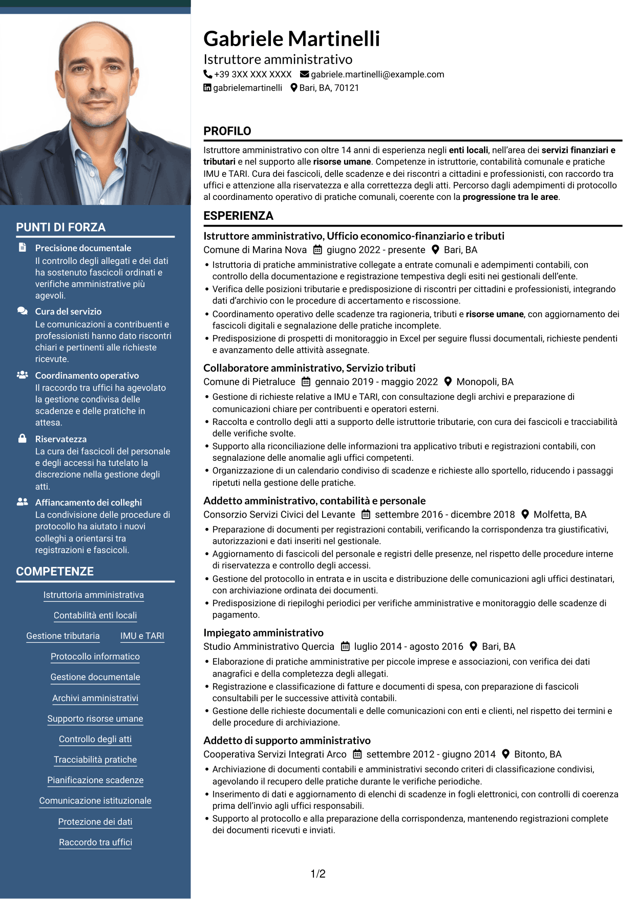 CV Signature (formato con colonna laterale colorata e foto grande): Istruttore Amministrativo - Servizi finanziari e tributari, pagina 1