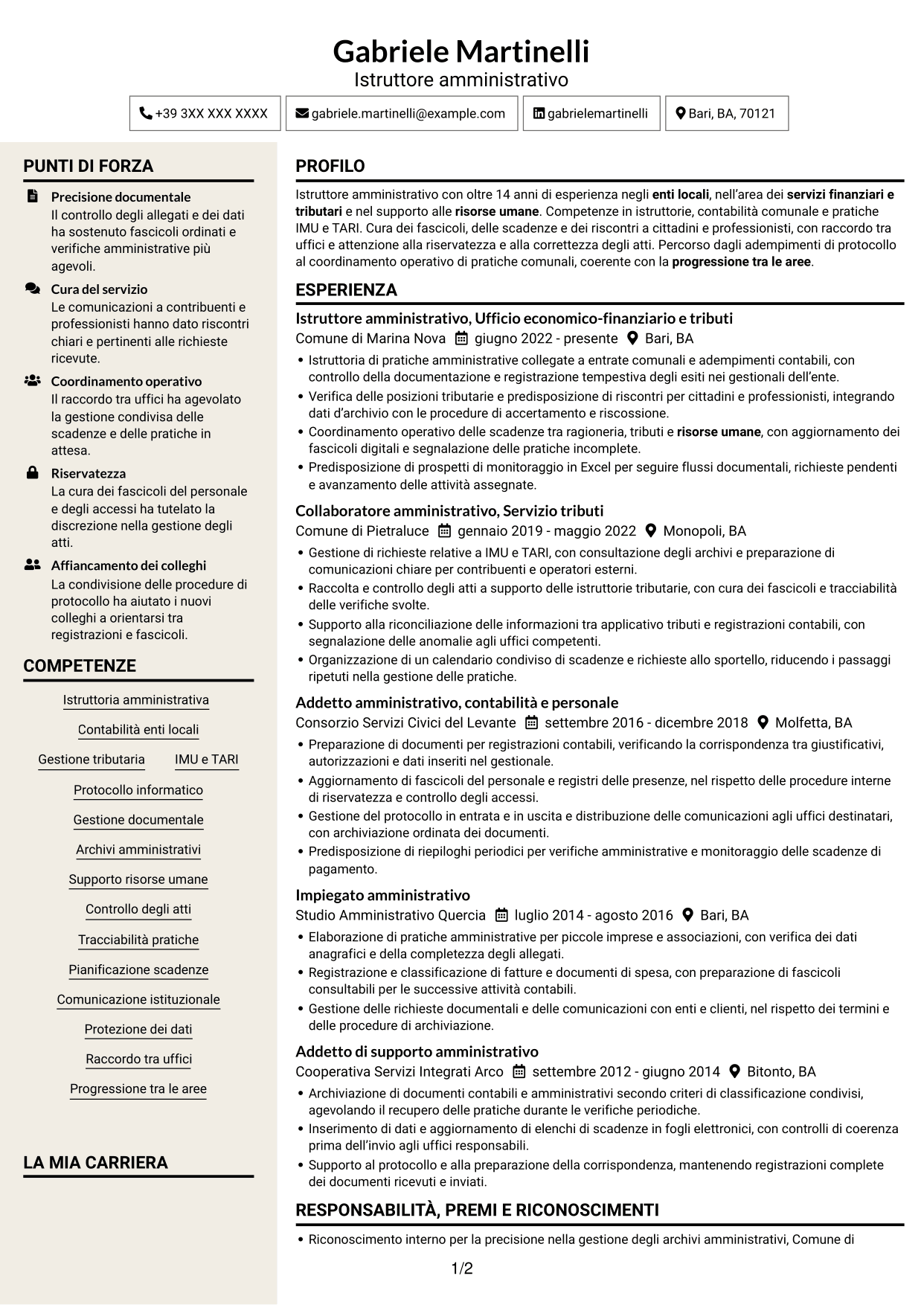 CV Intraprendente (formato a due colonne con intestazione centrata senza foto): Istruttore Amministrativo - Servizi finanziari e tributari, pagina 1
