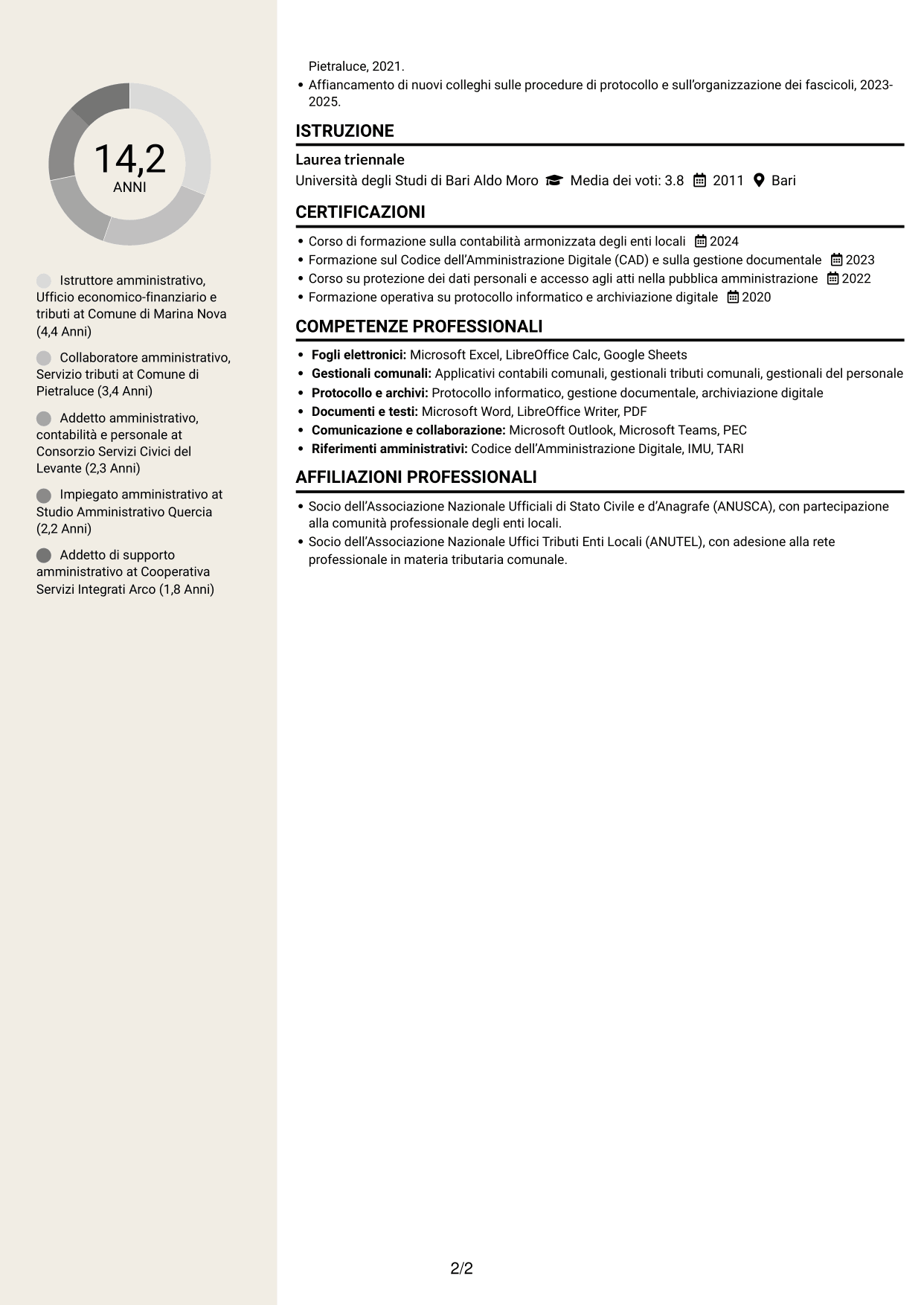CV Intraprendente (formato a due colonne con intestazione centrata senza foto): Istruttore Amministrativo - Servizi finanziari e tributari, pagina 2