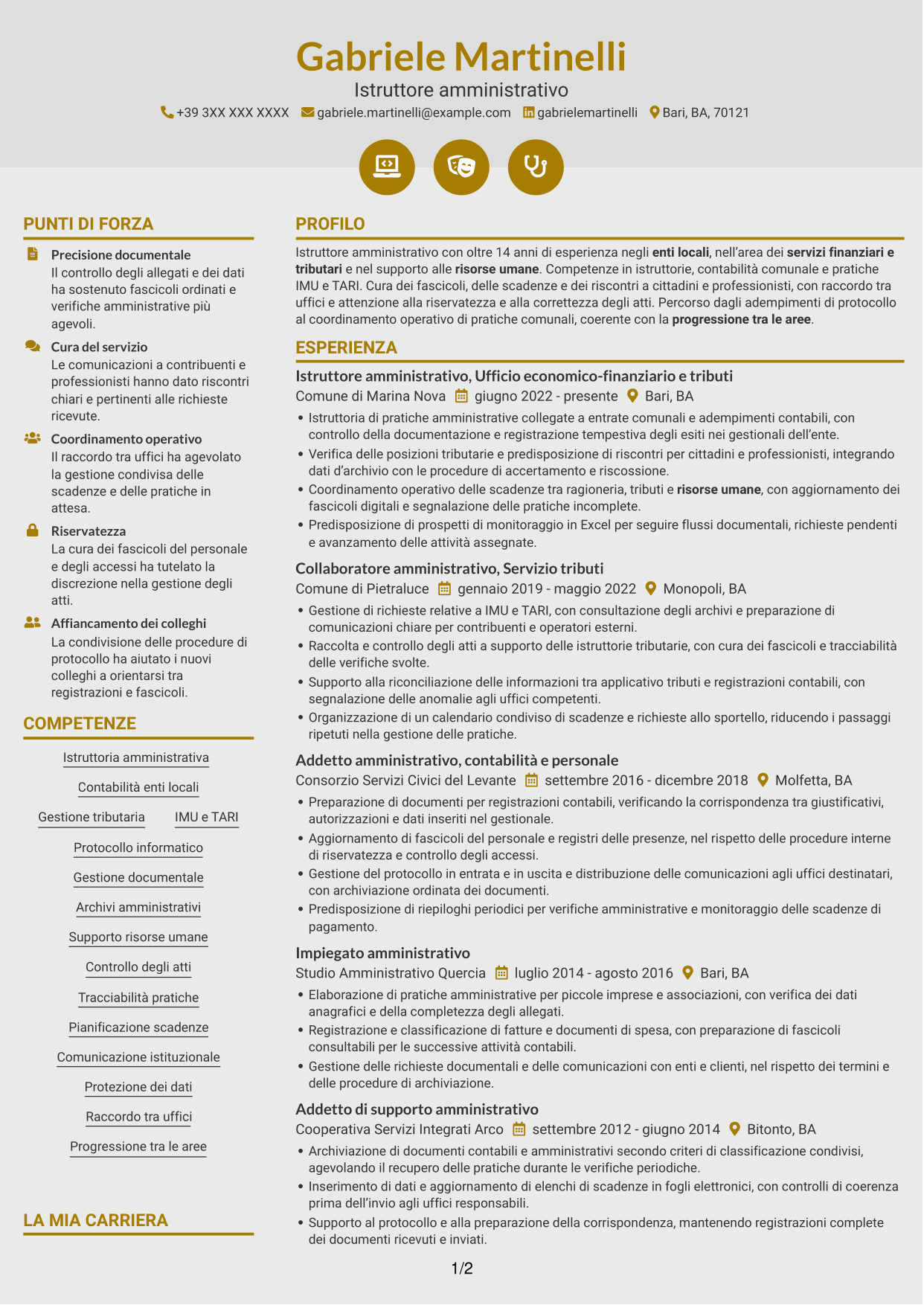 CV Dinamico (formato a due colonne con icone): Istruttore Amministrativo - Servizi finanziari e tributari, pagina 1