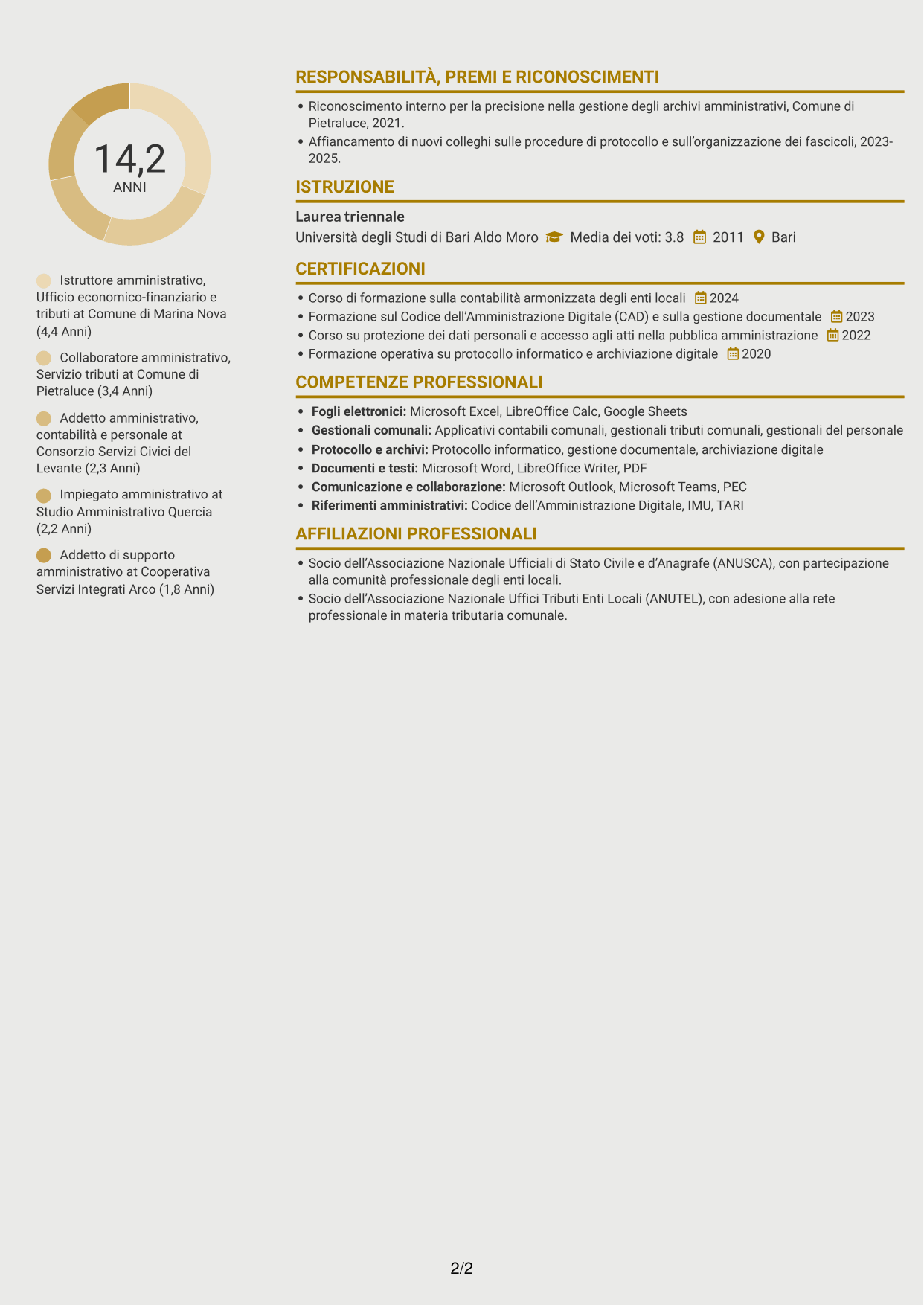 CV Dinamico (formato a due colonne con icone): Istruttore Amministrativo - Servizi finanziari e tributari, pagina 2