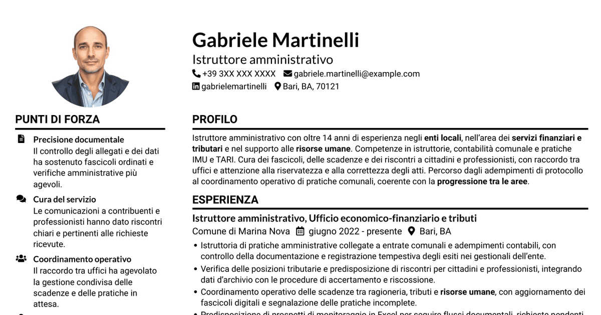 7 modelli di CV per Istruttore Amministrativo - Servizi finanziari e tributari, con esempi