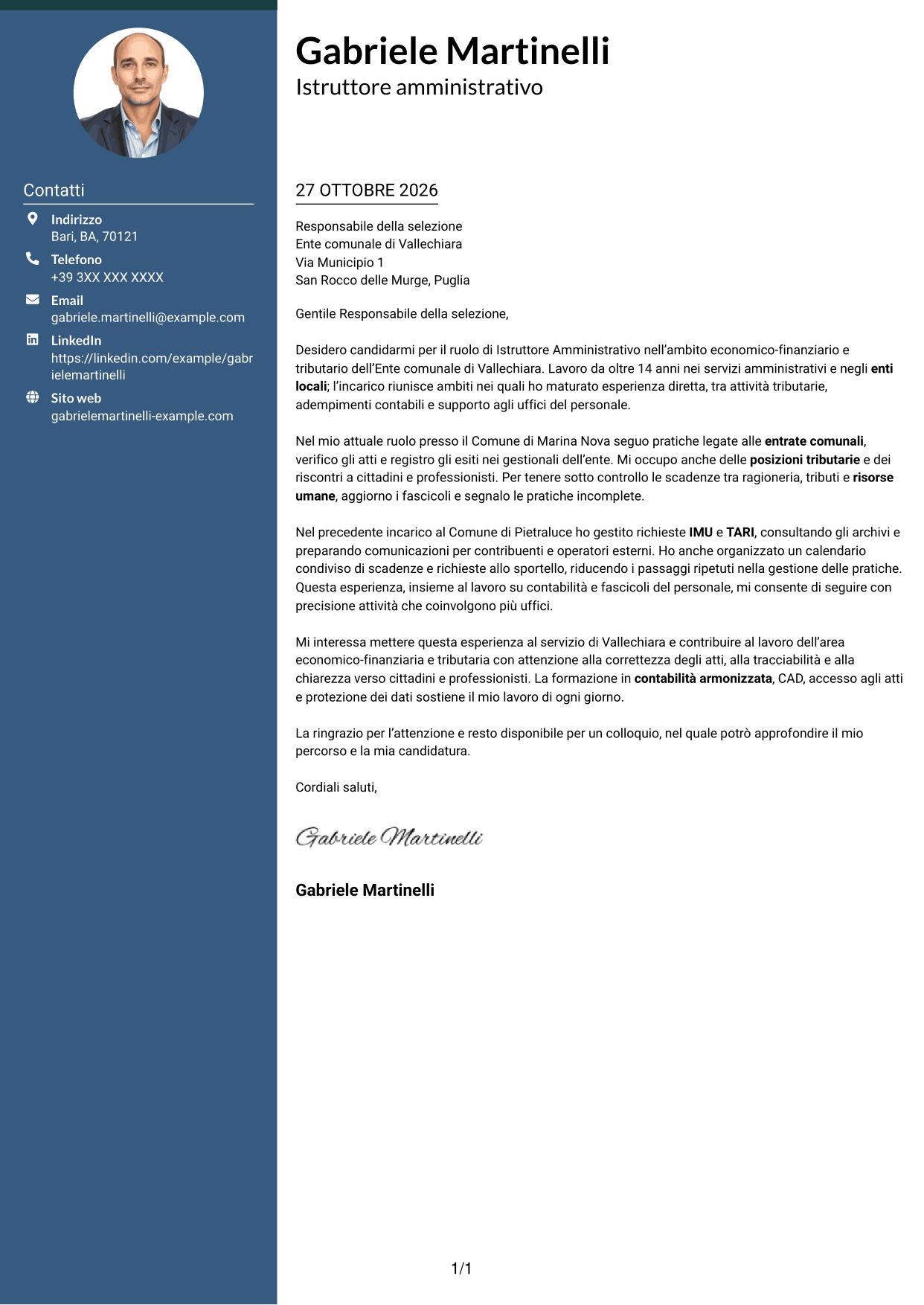 Lettera di presentazione Elegante (formato con colonna laterale colorata e foto): Istruttore Amministrativo - Servizi finanziari e tributari, pagina 1