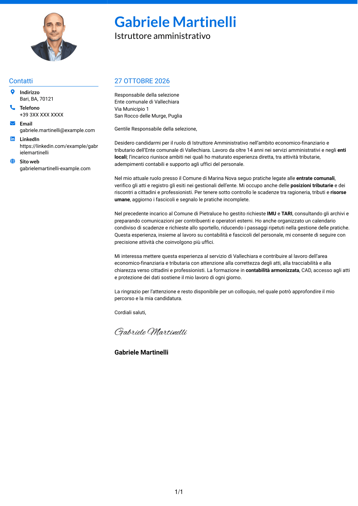 Lettera di presentazione Audace (formato a due colonne con accenti colorati e foto): Istruttore Amministrativo - Servizi finanziari e tributari, pagina 1
